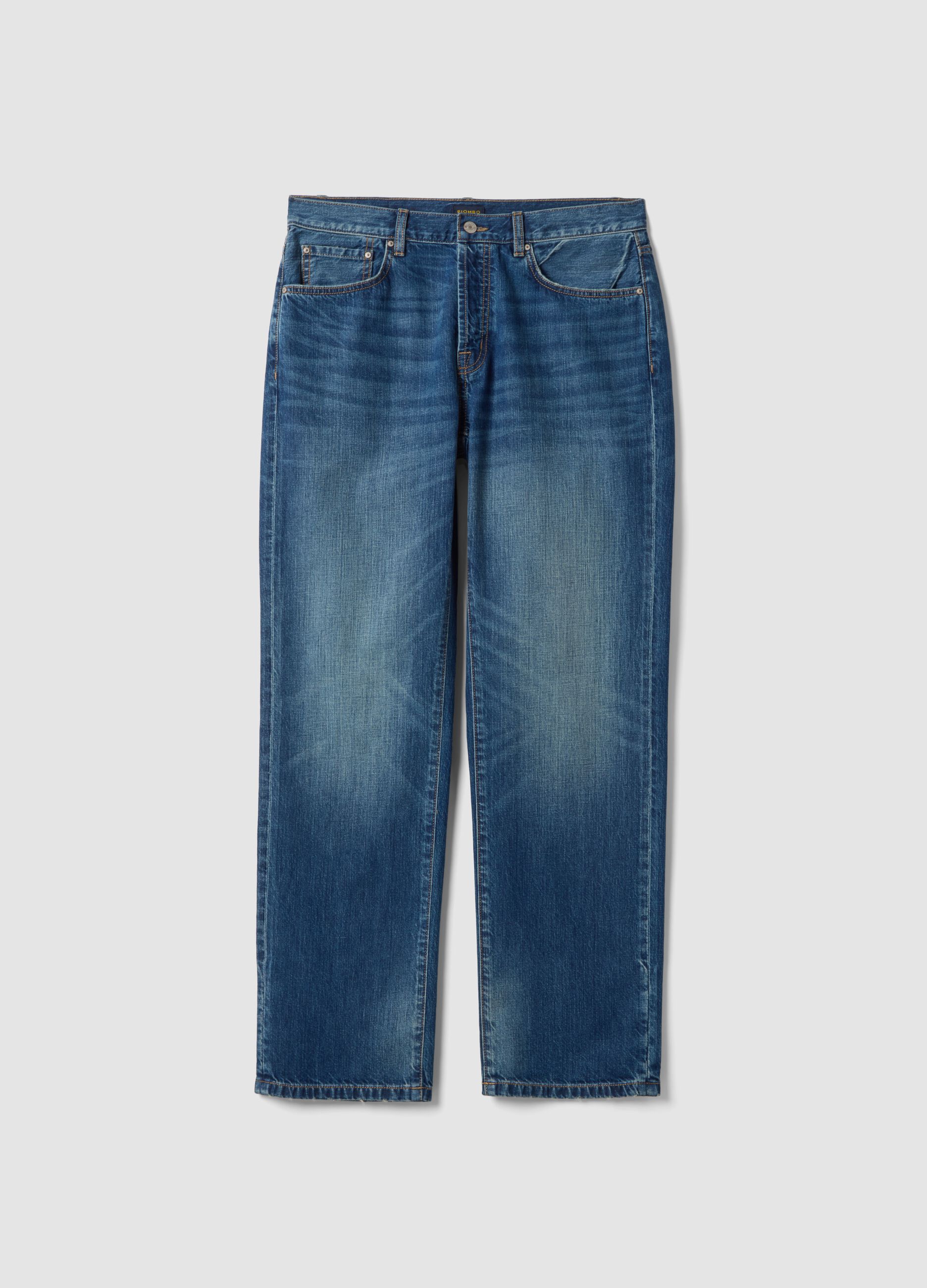 Jeans en m&eacute;lange de coton denim et de lin bleu coupe regular