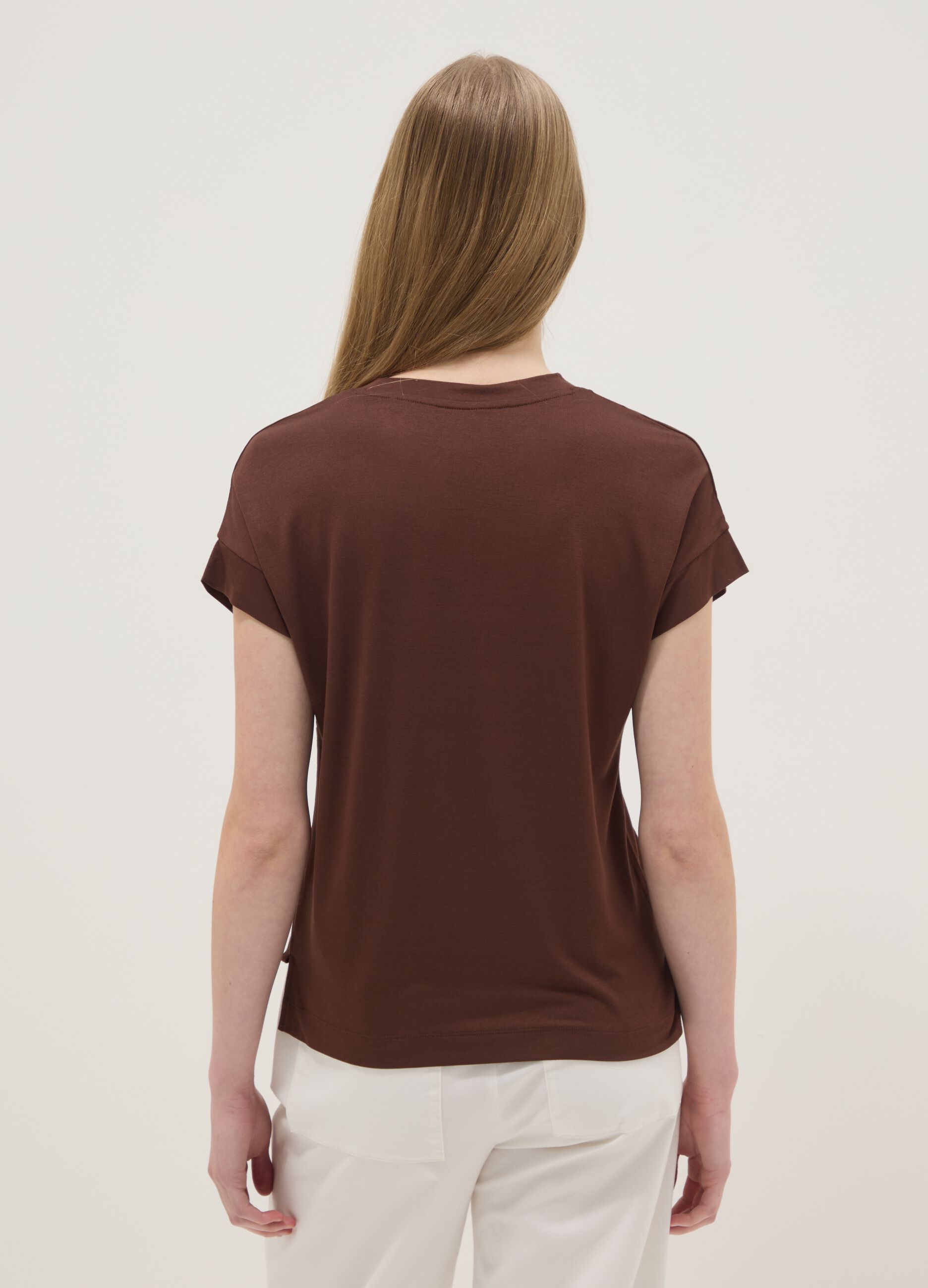 Brown short-sleeved stretch viscose T-shirt