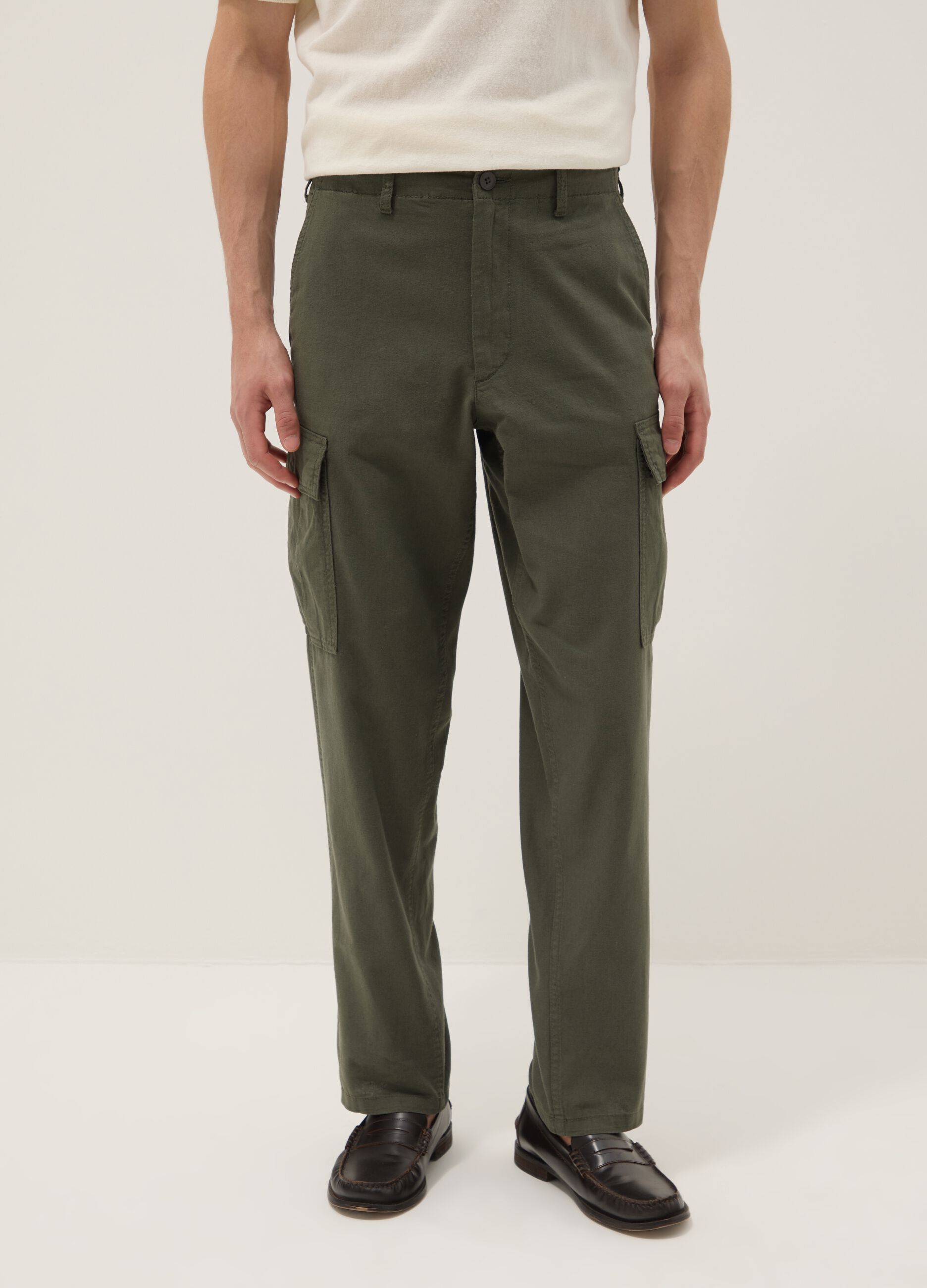 Gr&uuml;ne Cargo-Hose in Regular Fit aus Leinen-Baumwoll-Mix