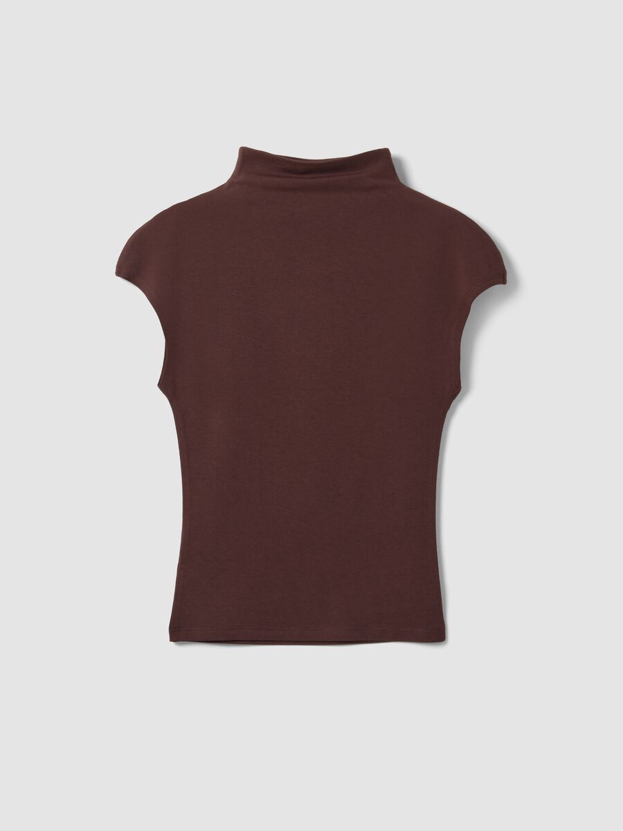 Brown fitted modal and stretch cotton T-shirt with high neck_5