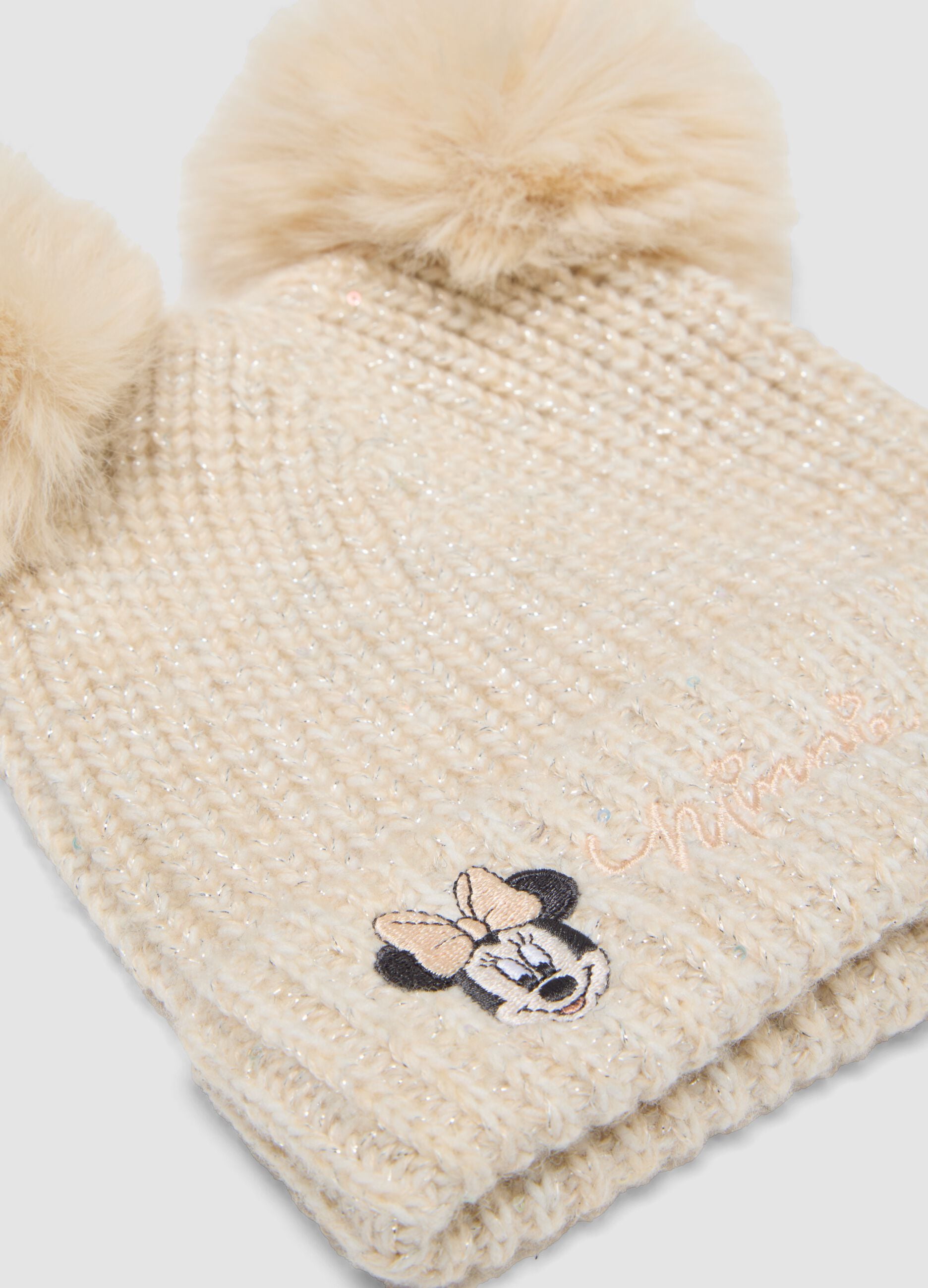 White wool-blend hat with two pom-poms and Minnie embroidery