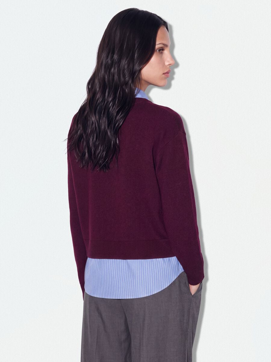 Purple viscose and wool-blend jumper with V-neck and shirt insert_3