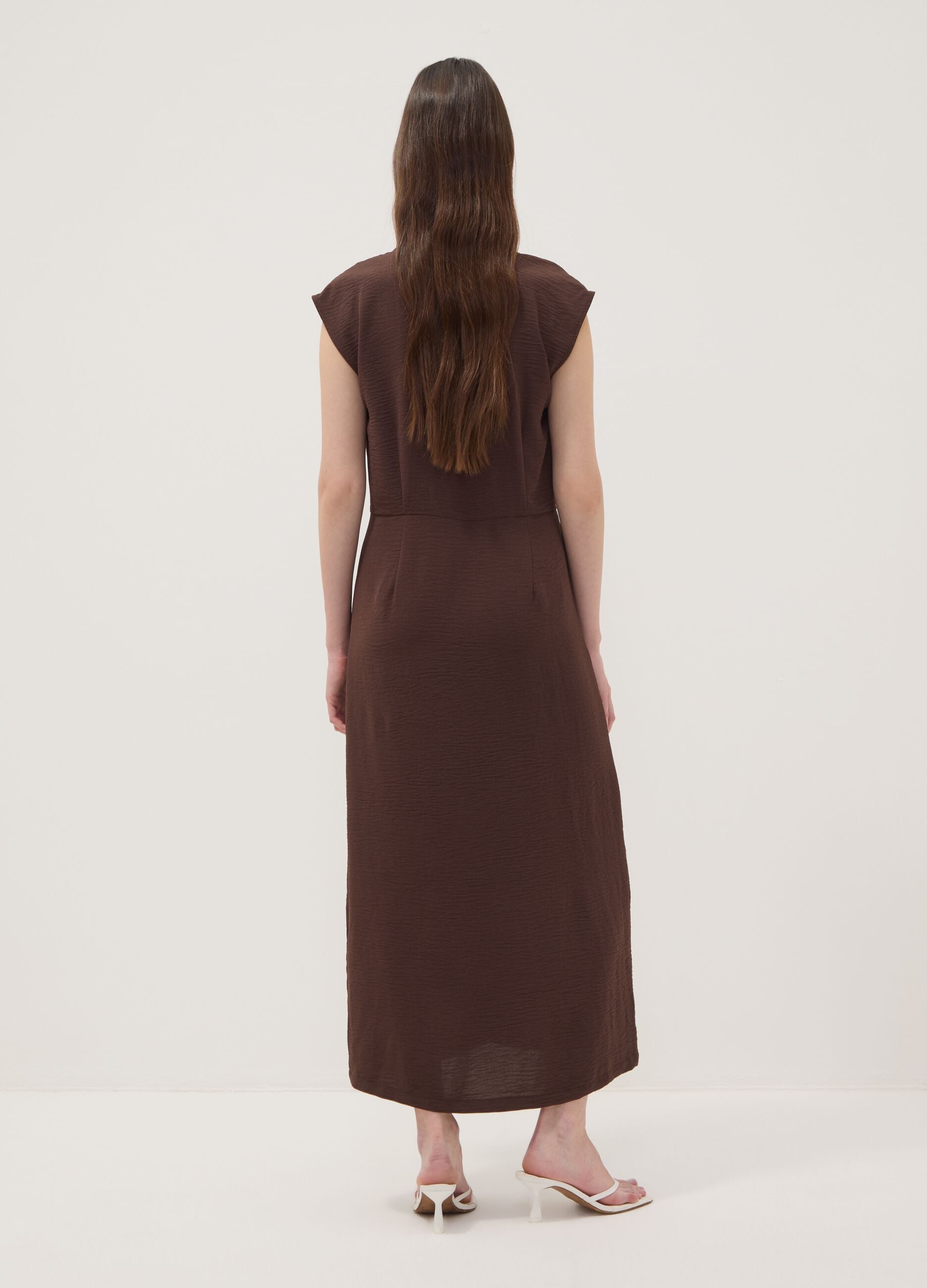 Long brown V-neck button-through dress, regular fit