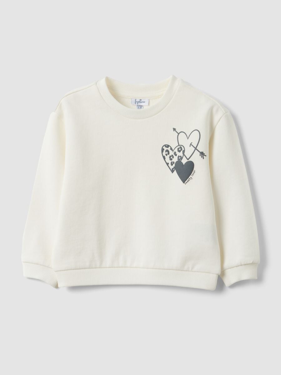 White oversized pure cotton sweatshirt with heart print for baby girl_0