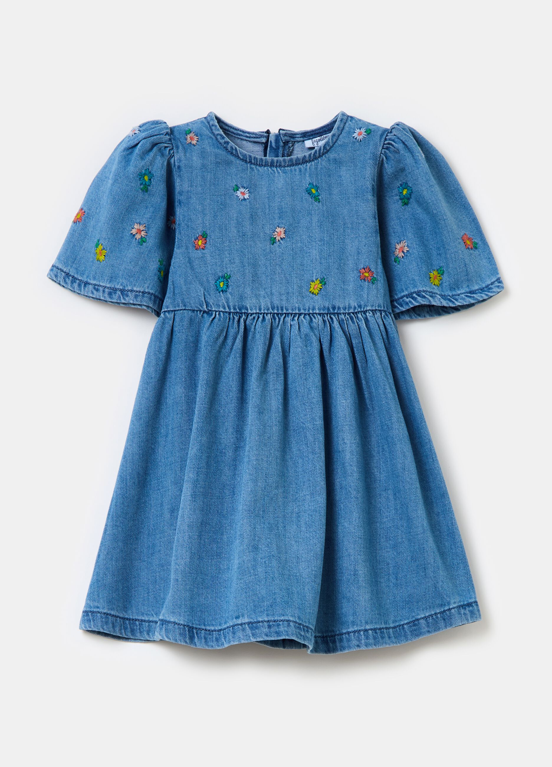 Denim dress with small flowers embroidery