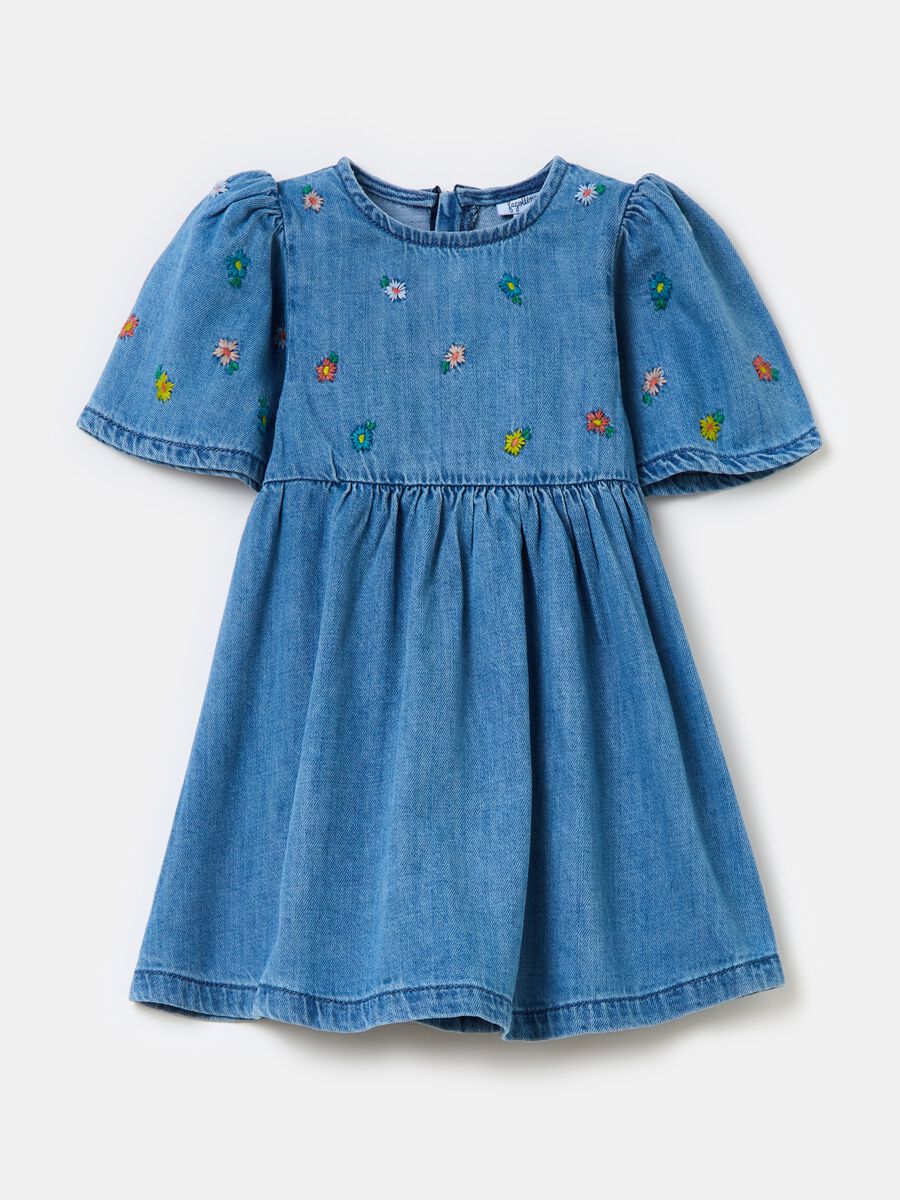 Denim dress with small flowers embroidery_0