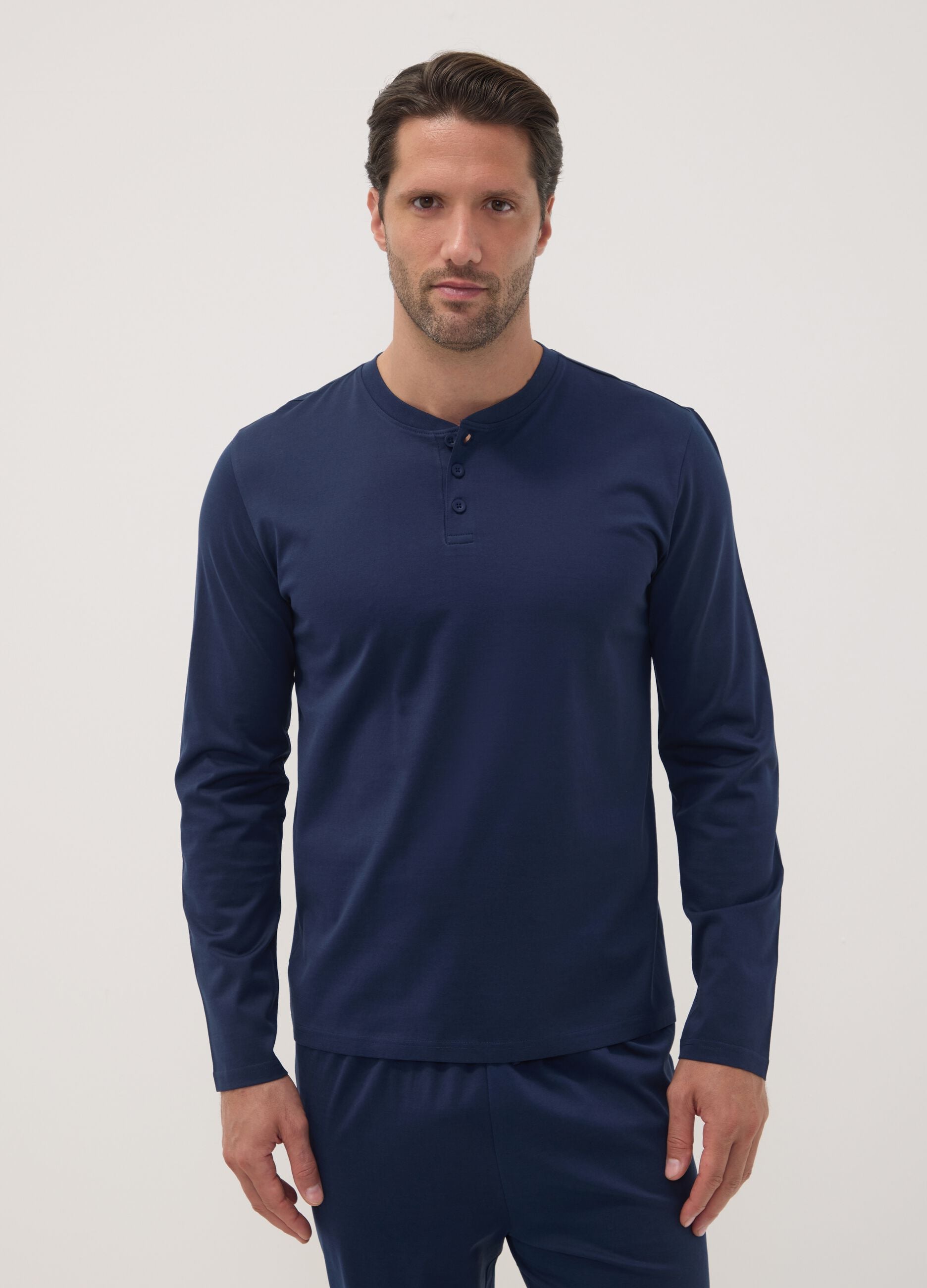 Blue pure organic cotton pyjamas with Henley neckline, regular fit