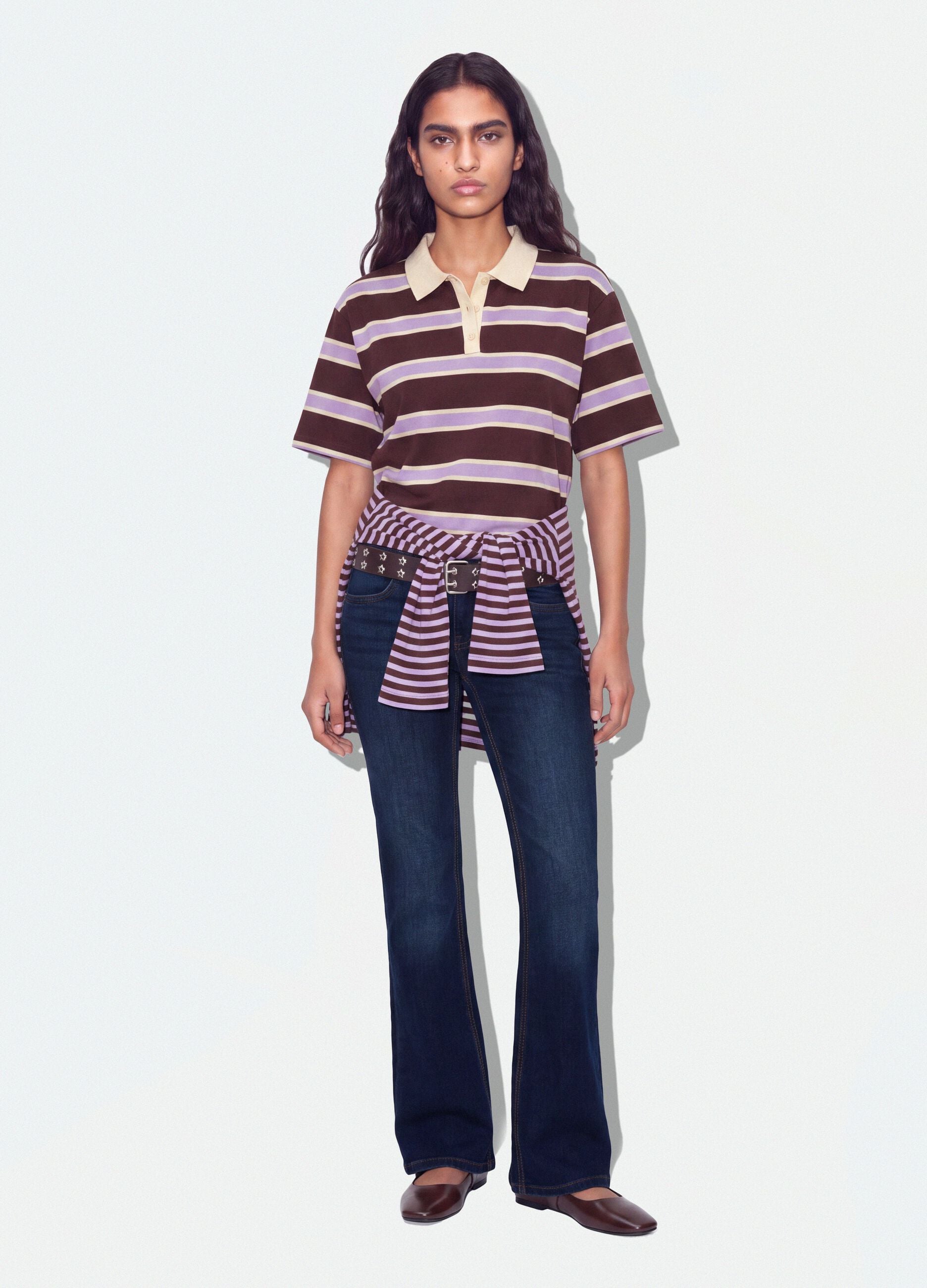 Brown striped pure cotton oversized polo shirt
