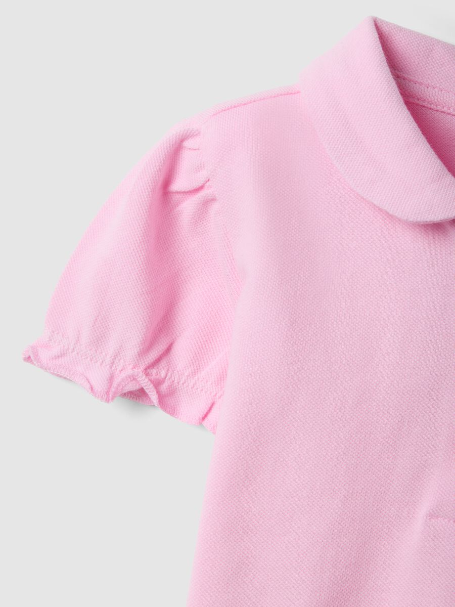 Girls' pink pure cotton polo with regular fit and ruched sleeves_2