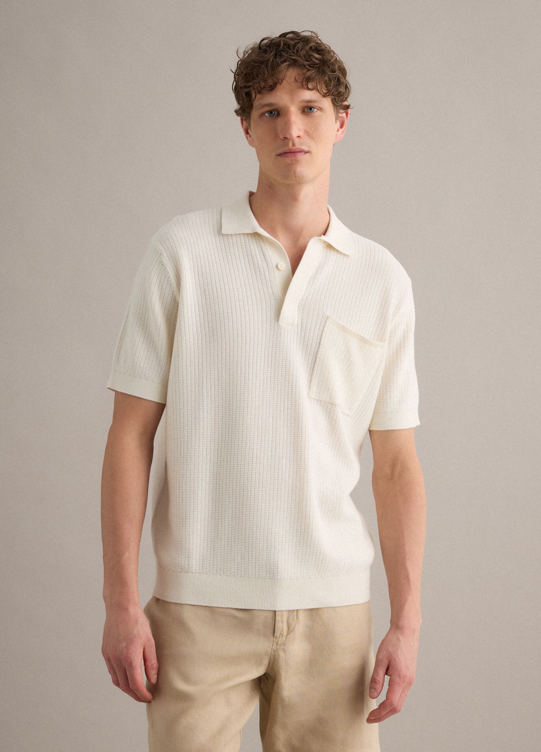 White pure cotton polo with chest pocket, regular fit