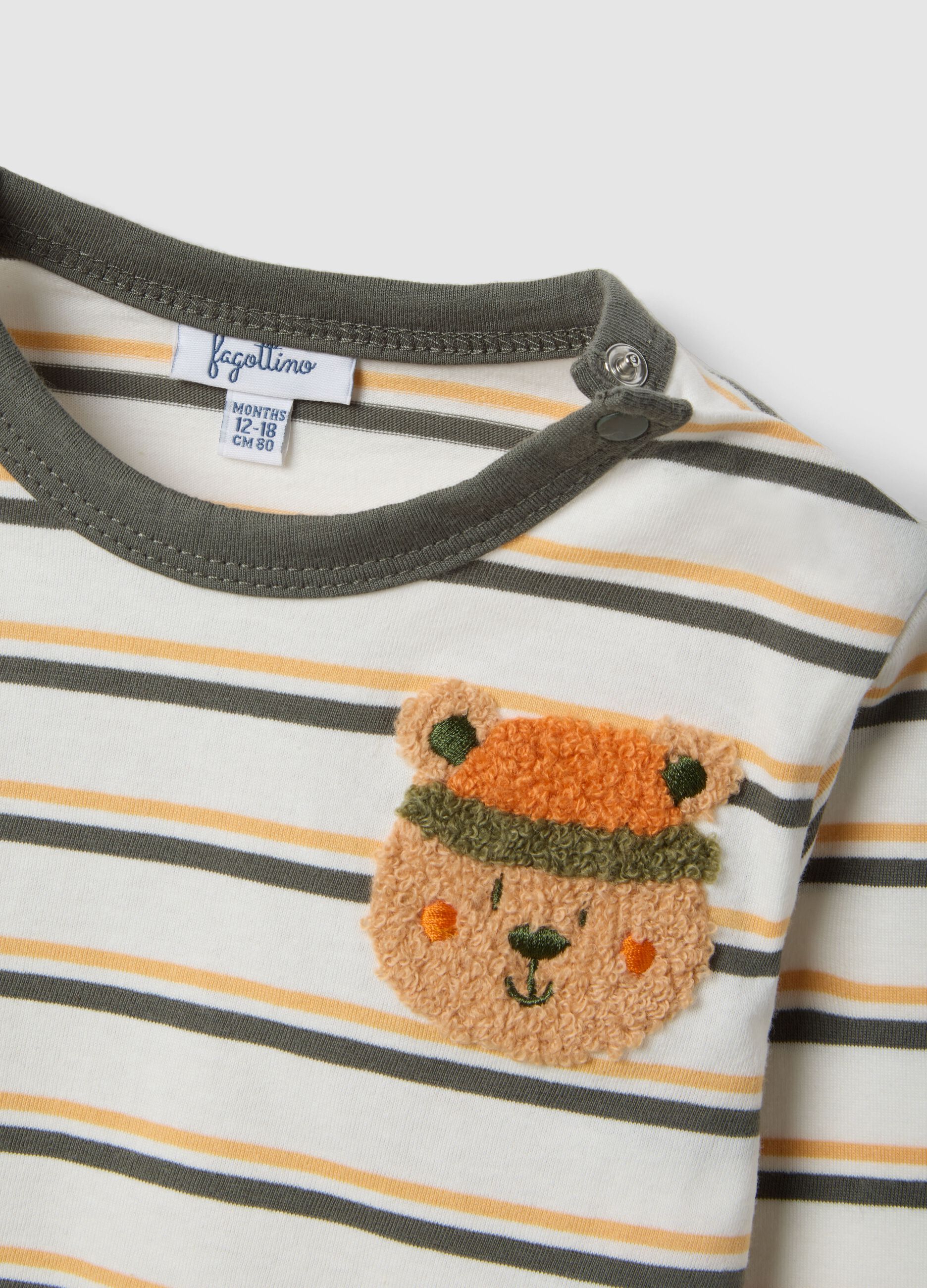 White pure cotton boys&rsquo; T-shirt with multicolour stripes and teddy bear embroidery