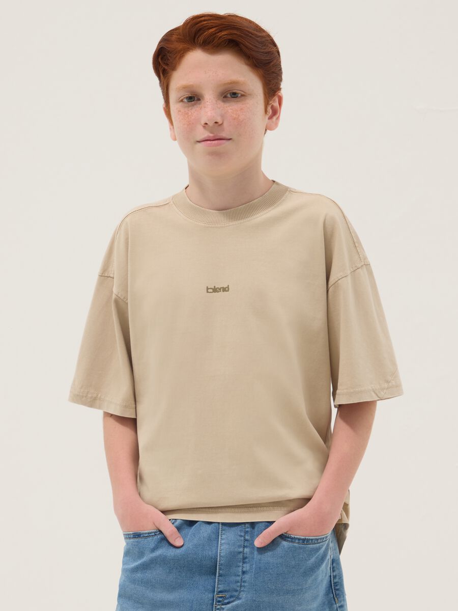 Beige pure cotton short-sleeve boys&rsquo; T-shirt, oversized fit_0