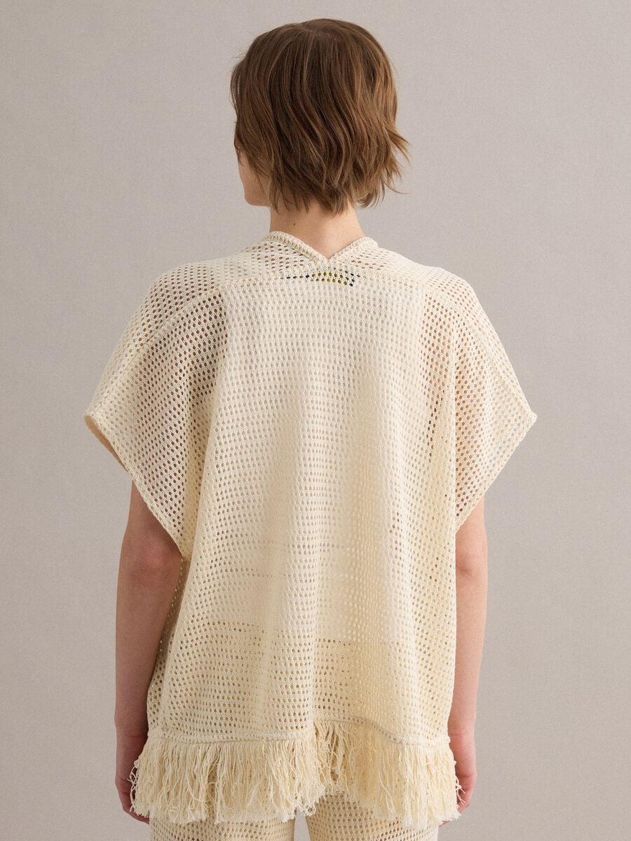 Beige crochet viscose-blend cardigan with fringes_3
