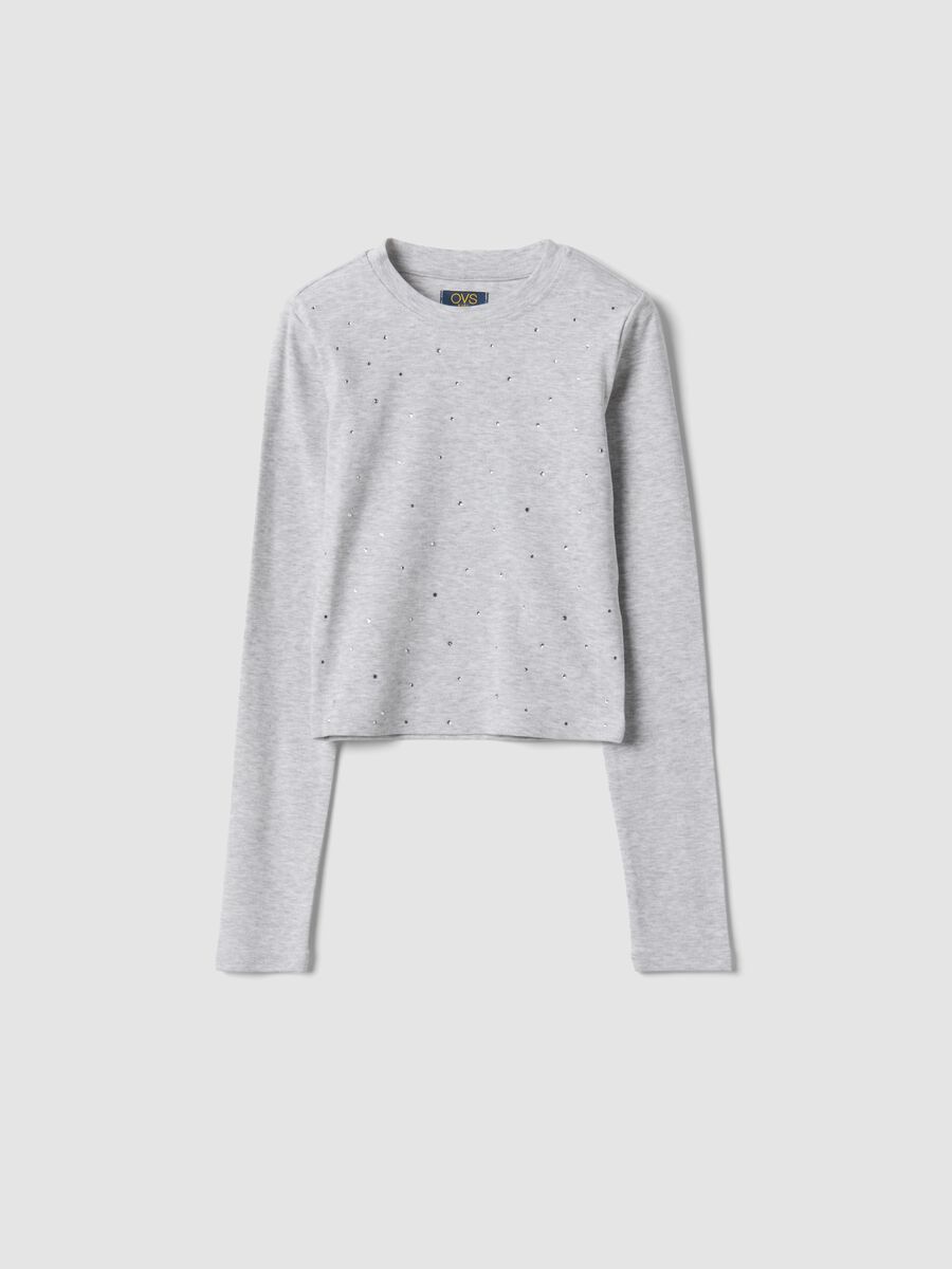 T-shirt grigia in cotone organico e viscosa elasticizzata con strass_0