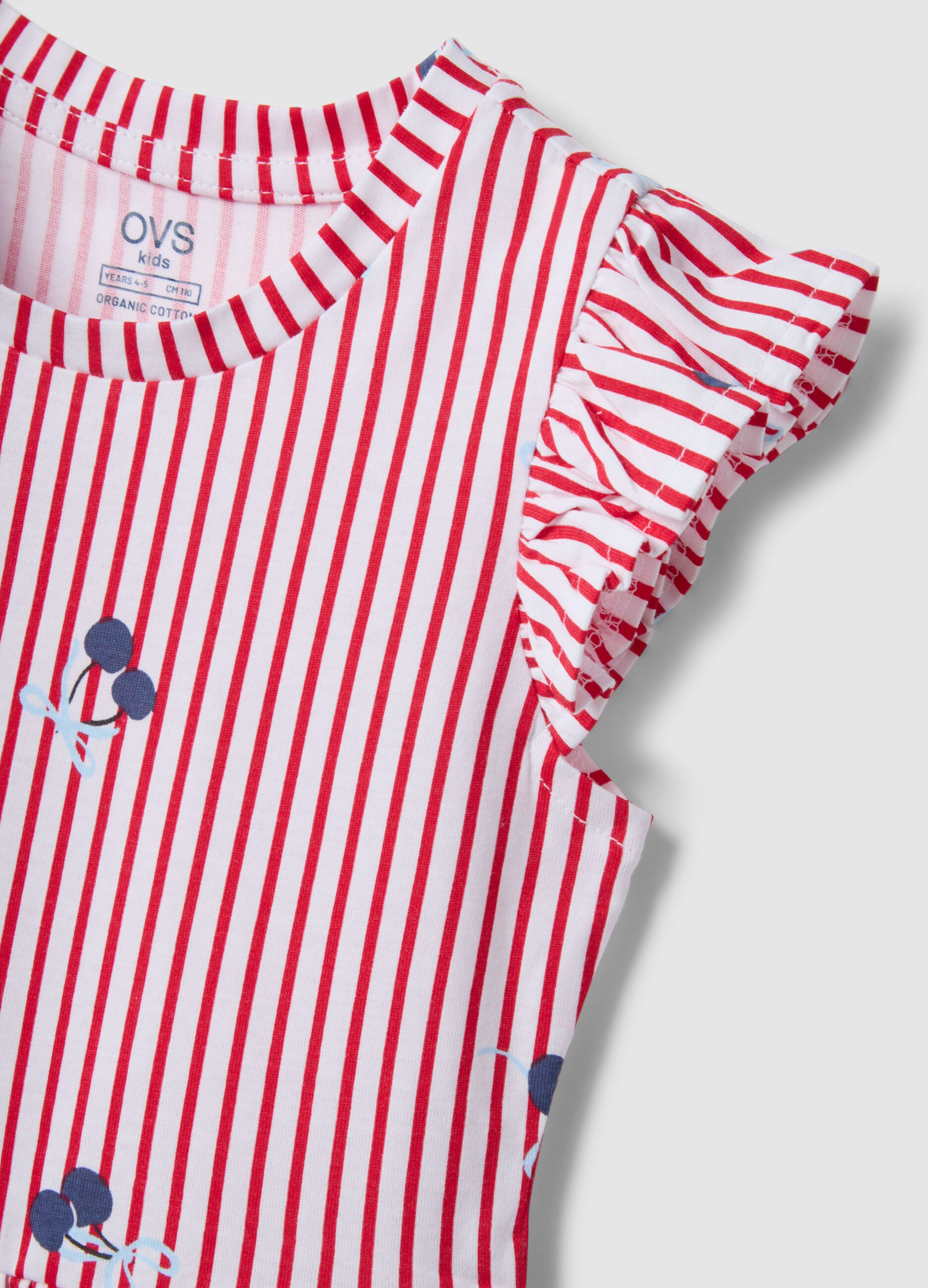 Vestido de algod&oacute;n puro de rayas rojas con volantes y estampados para ni&ntilde;a