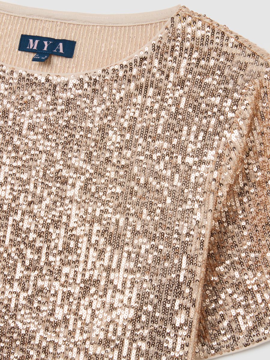 Beige short sleeve regular fit t-shirt with sequins_5