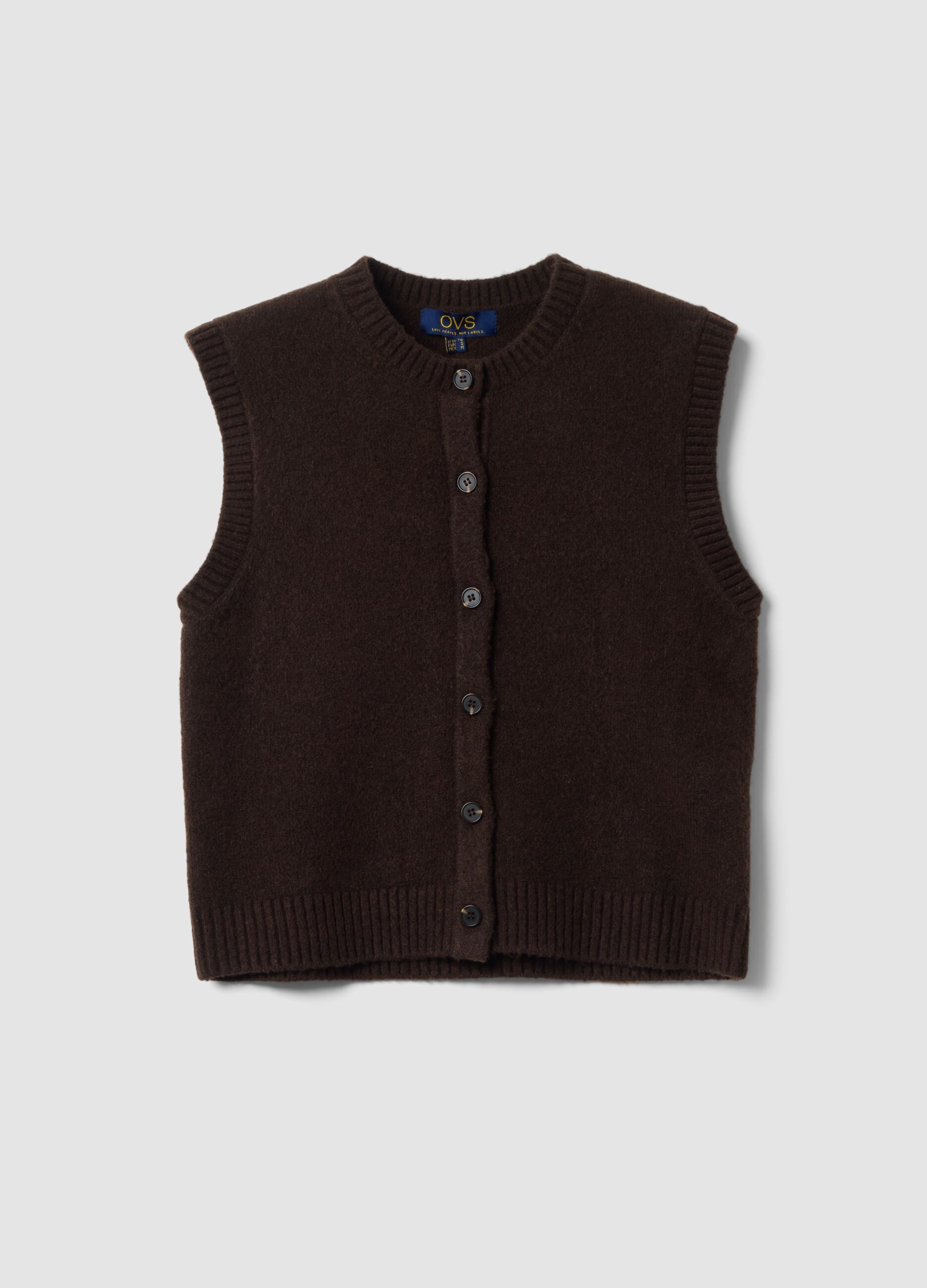 Gilet marrone in lana elasticizzata a girocollo