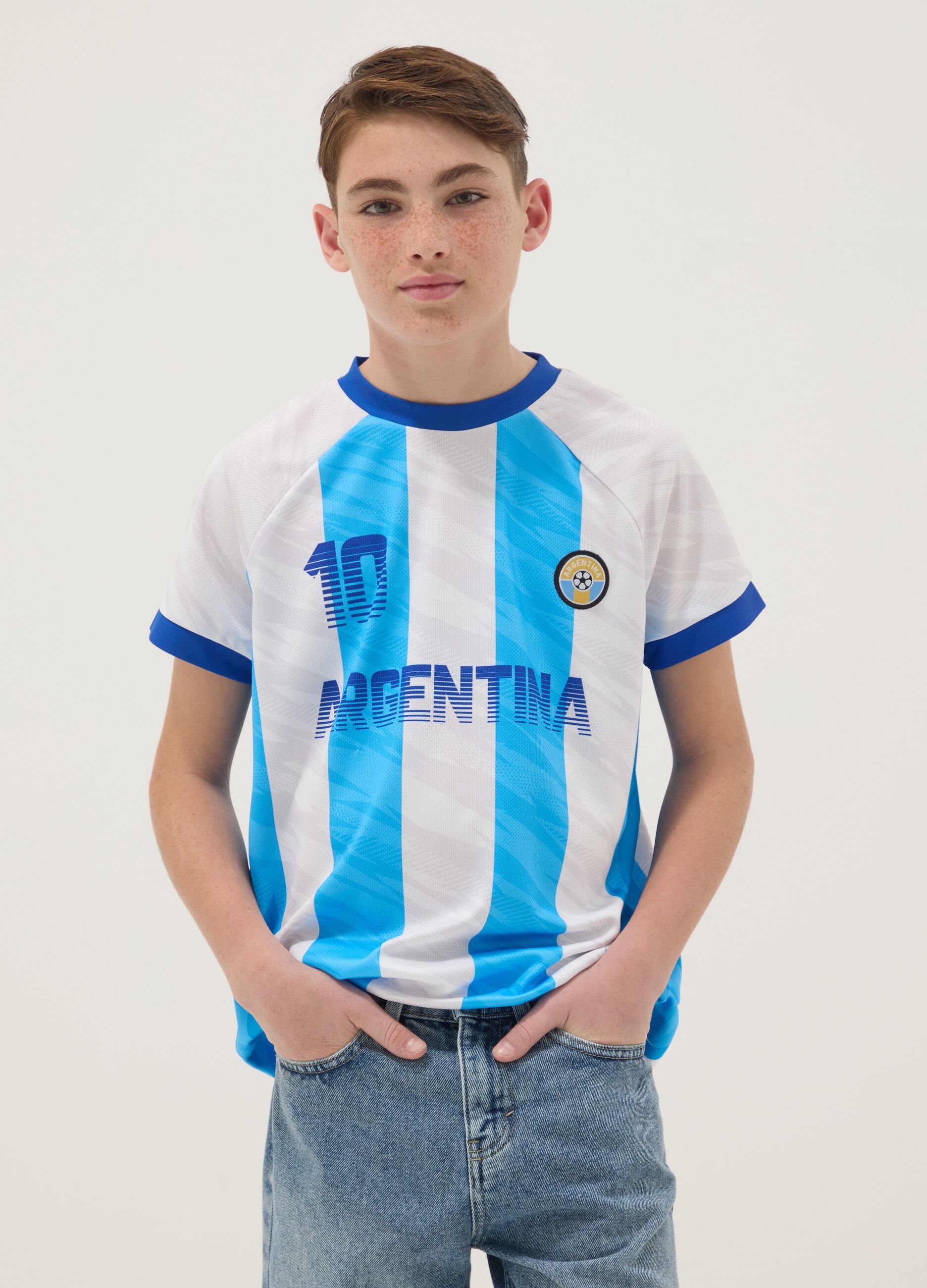 Kids&rsquo; Argentina striped T-shirt in white and sky blue, oversized fit