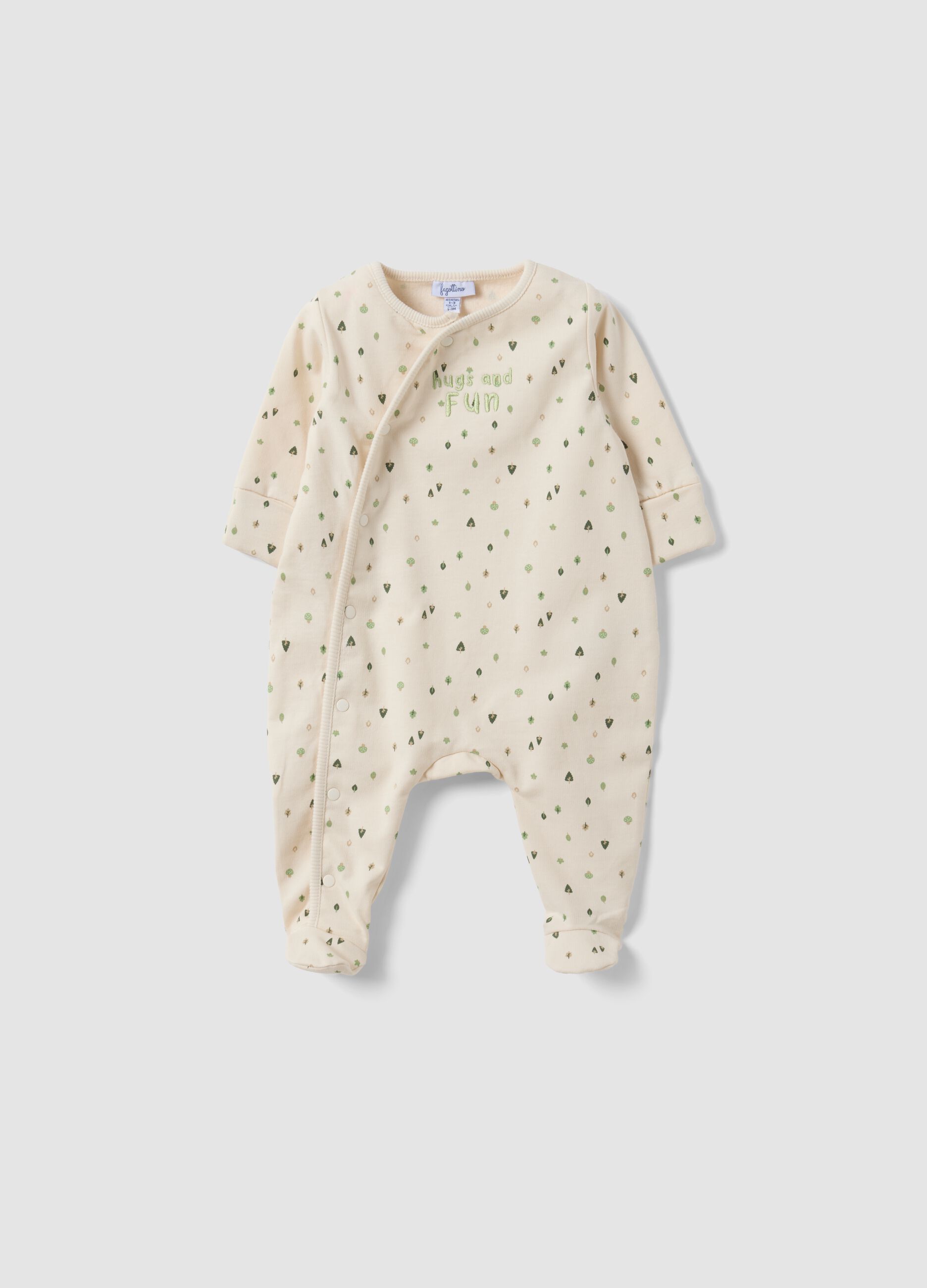 Tutina bianca in puro cotone organico con fantasia per neonati