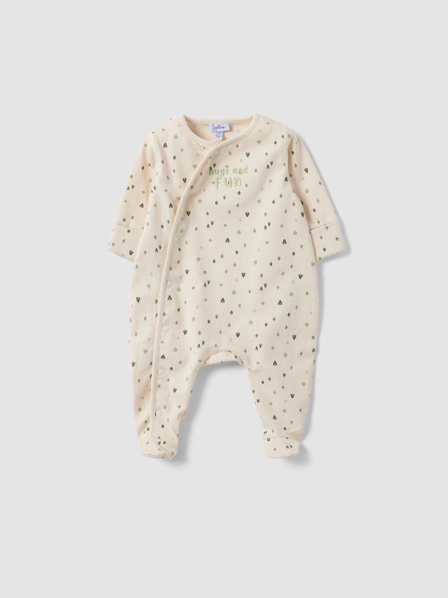 Tutina bianca in puro cotone organico con fantasia per neonati_0