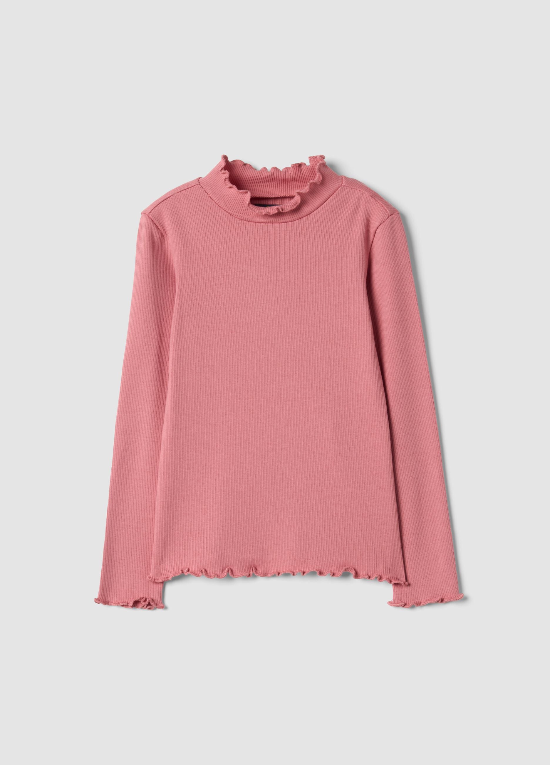 Rosa T-Shirt aus elastischer Bio-Baumwolle mit Stehkragen