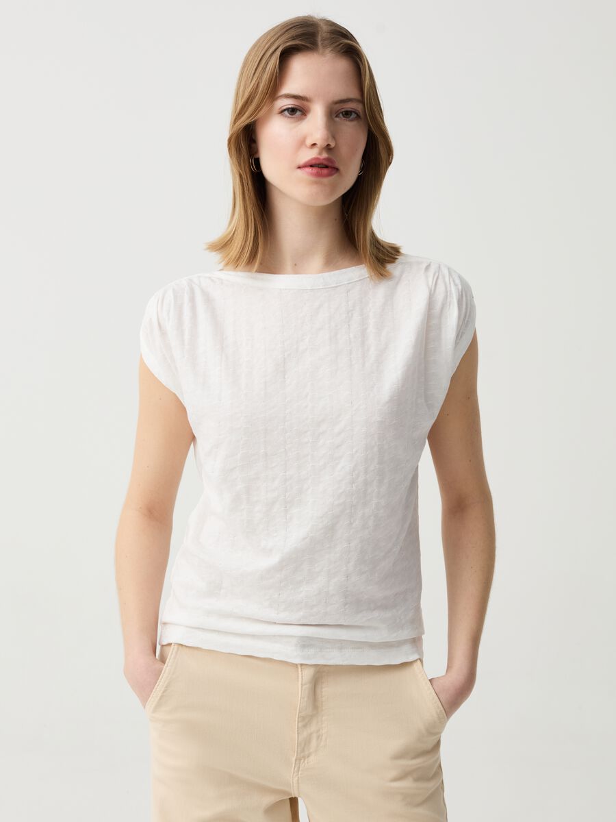 Sleeveless top in jersey with woven texture_0