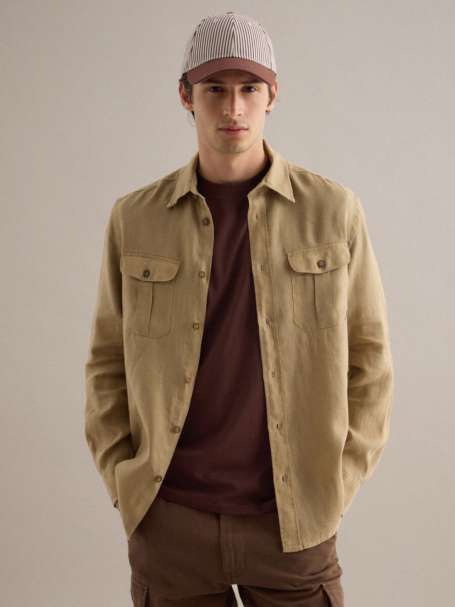 Camicia a maniche lunghe in puro lino beige regular fit_0