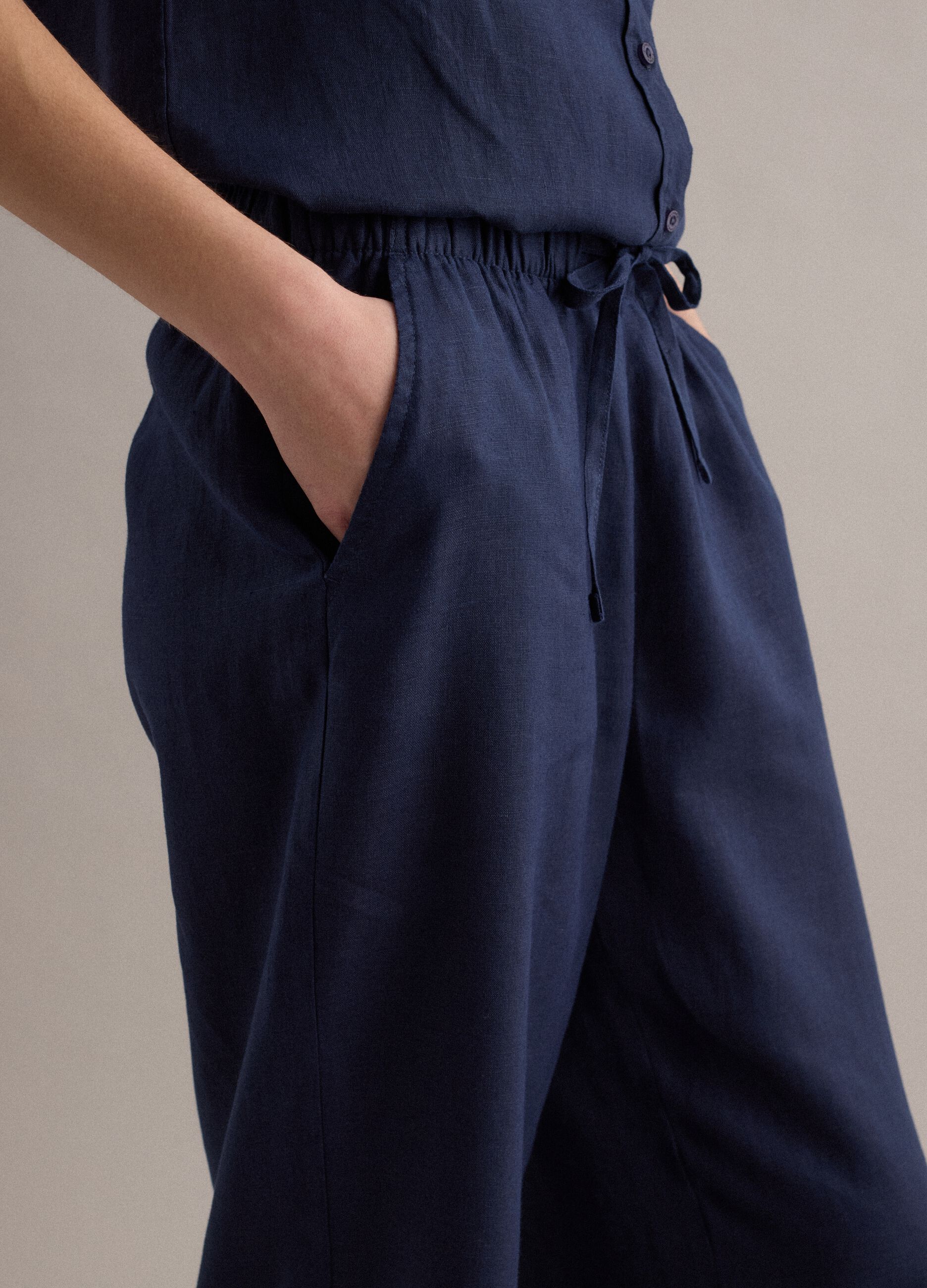 Blue pure linen drawstring trousers, straight fit