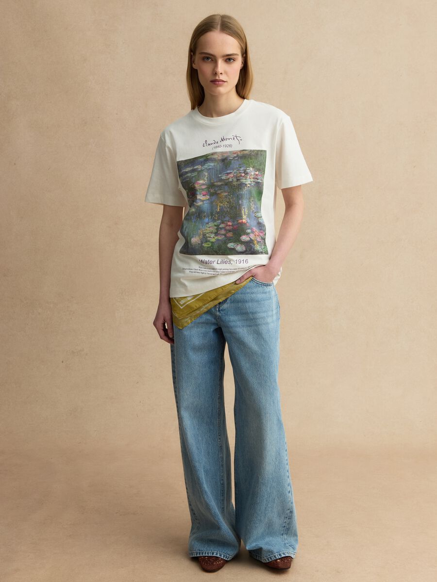 White pure cotton regular fit T-shirt with Monet print_1