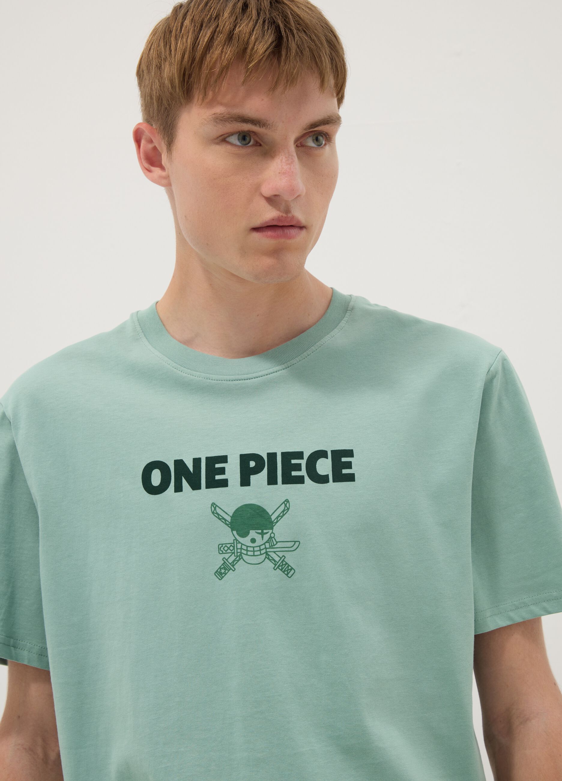 Green pure cotton One Piece slogan T-shirt, relaxed fit