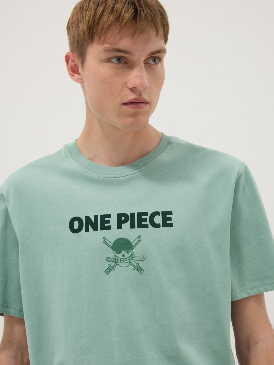 Green pure cotton One Piece slogan T-shirt, relaxed fit_0