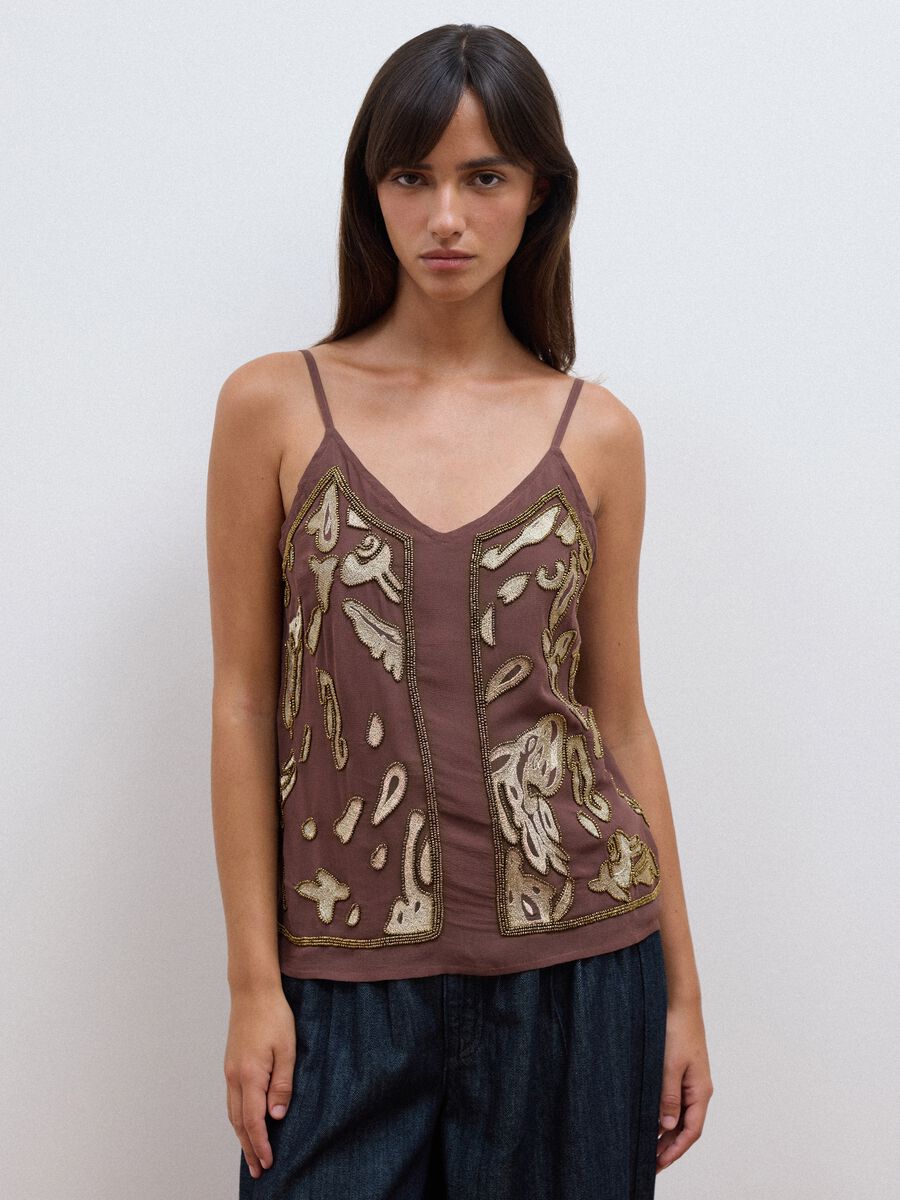 Brown fitted pure viscose top with thin straps and embroidered pattern_1