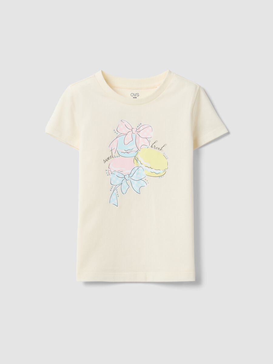 Beige regular fit pure cotton t-shirt with print for girls_0