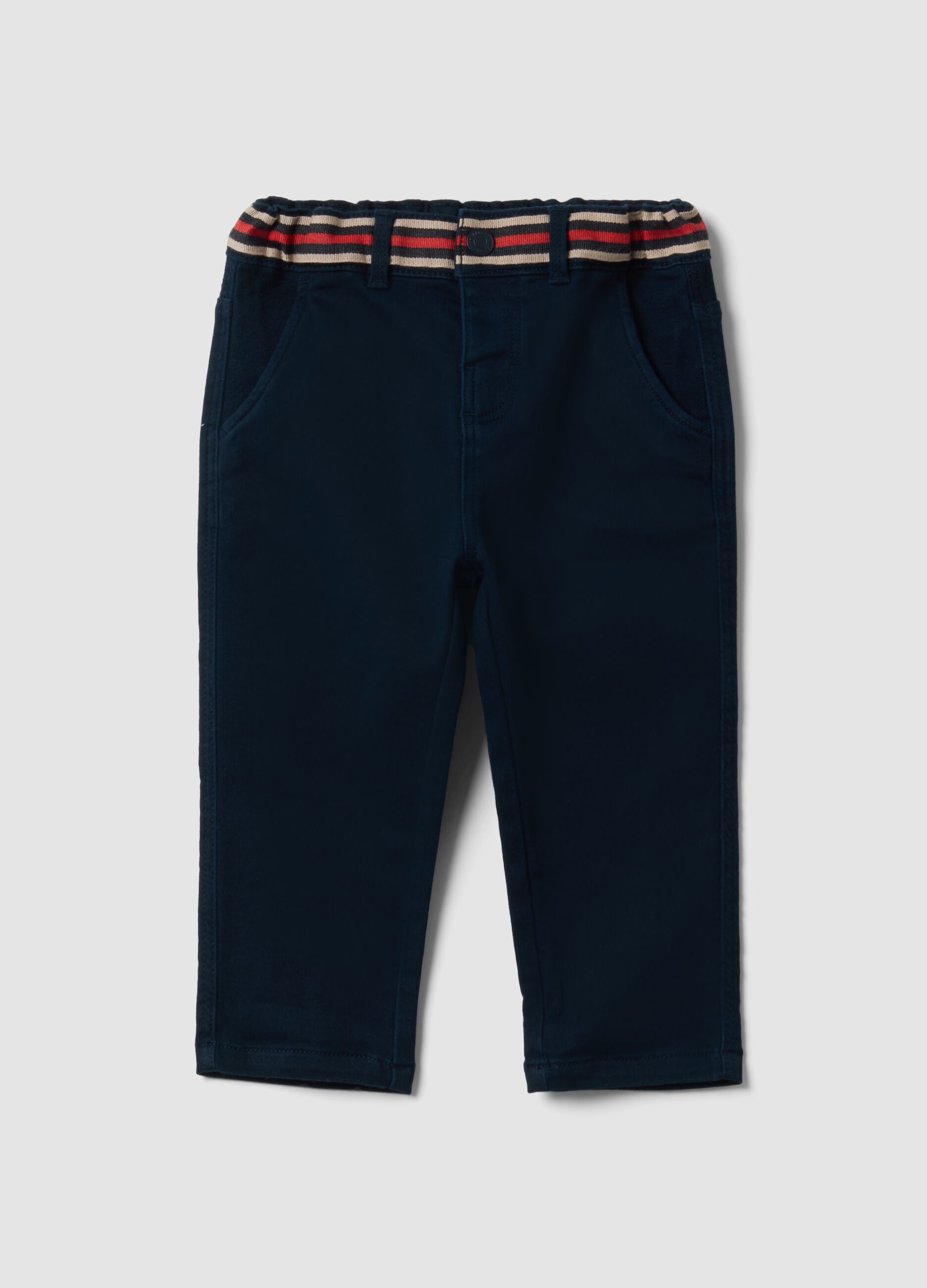 Blue stretch cotton trousers with elasticated waist for baby boy