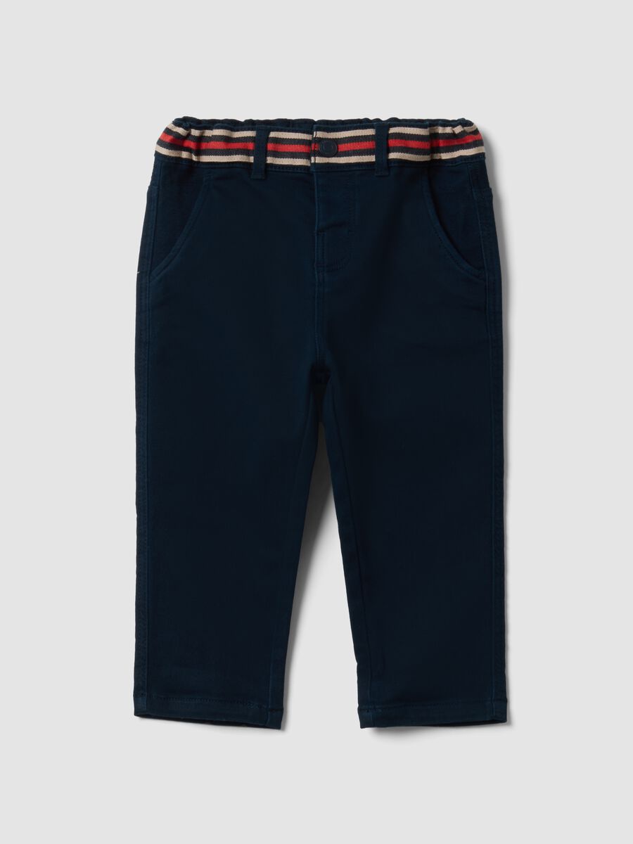 Blue stretch cotton trousers with elasticated waist for baby boy_0