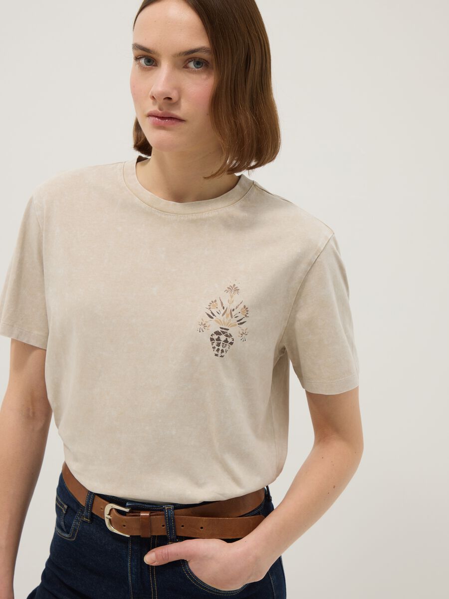 Beige pure cotton short-sleeve T-shirt, regular fit, with print_0