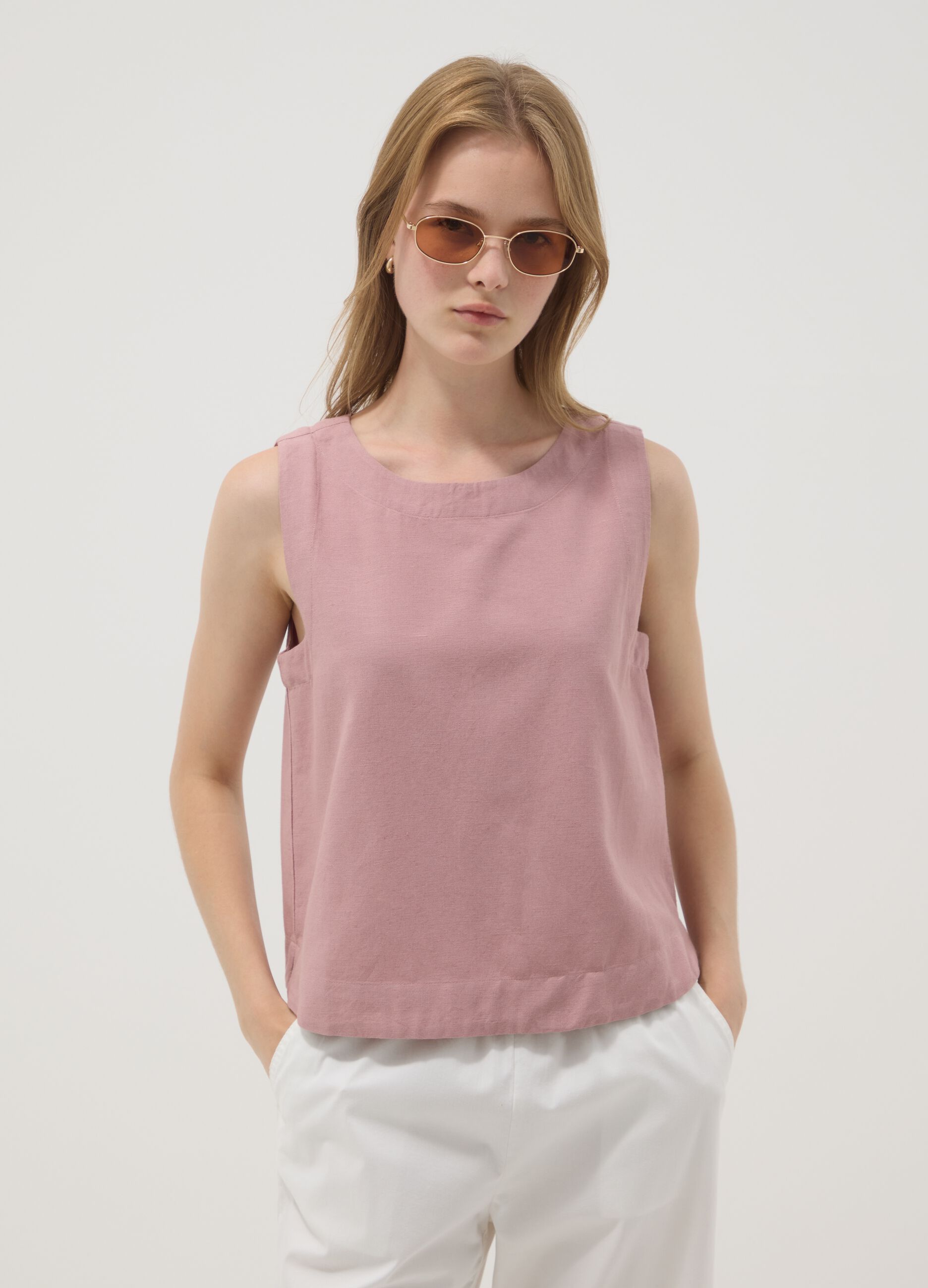 Top rose en m&eacute;lange viscose, coton et lin, coupe regular