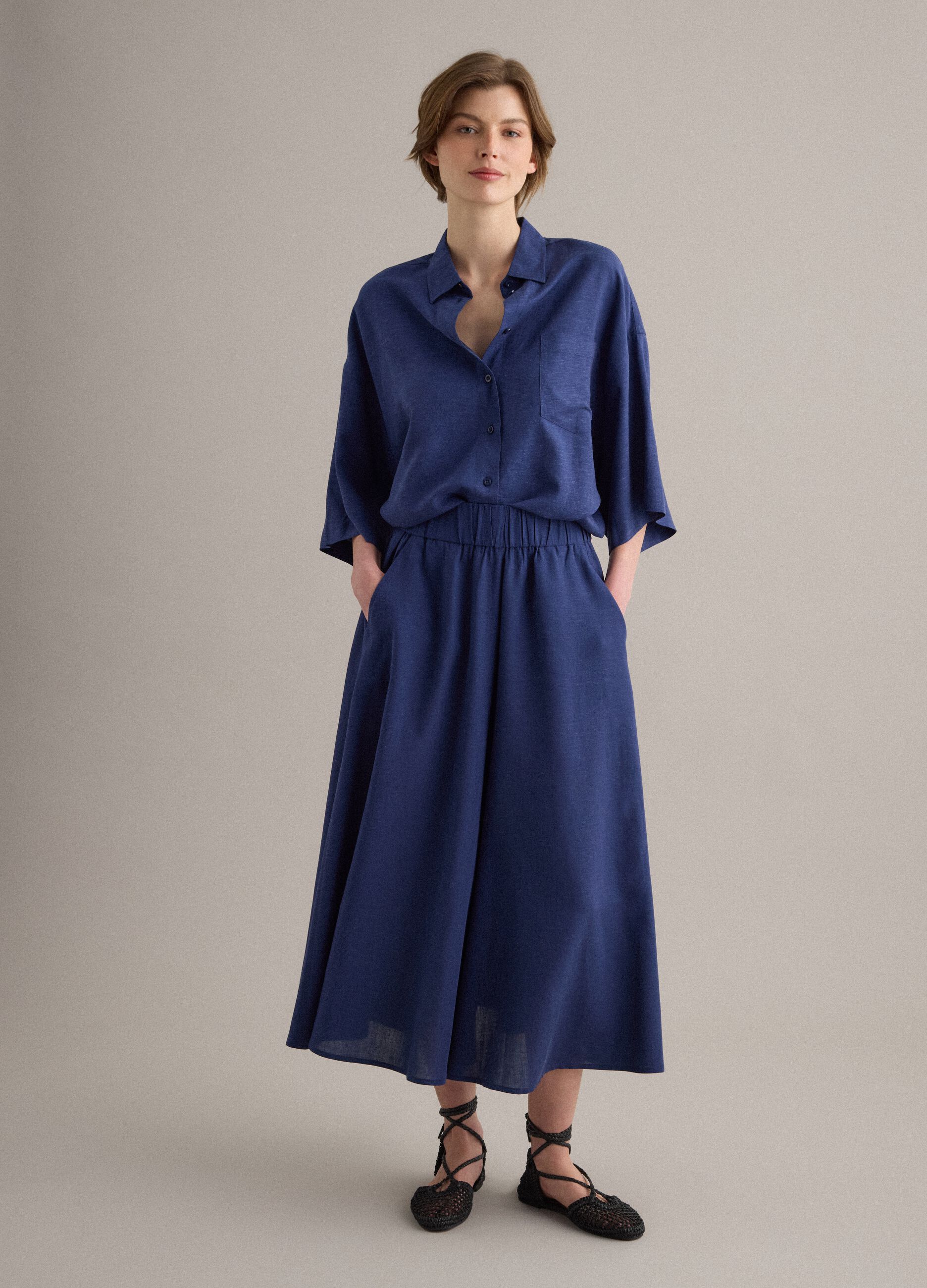 Multicoloured striped skirt in a viscose-linen blend