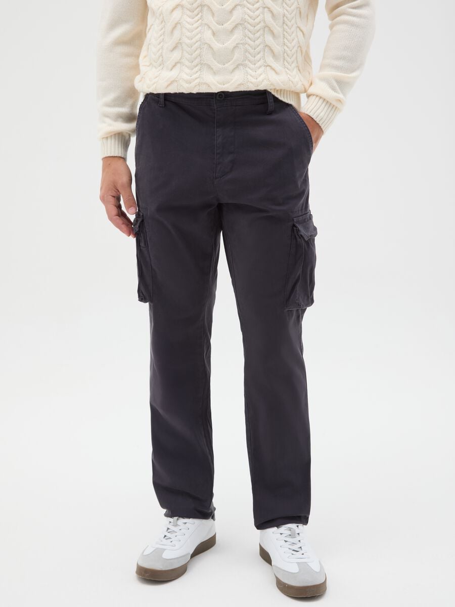 Blue stretch cotton slim fit cargo trousers_1