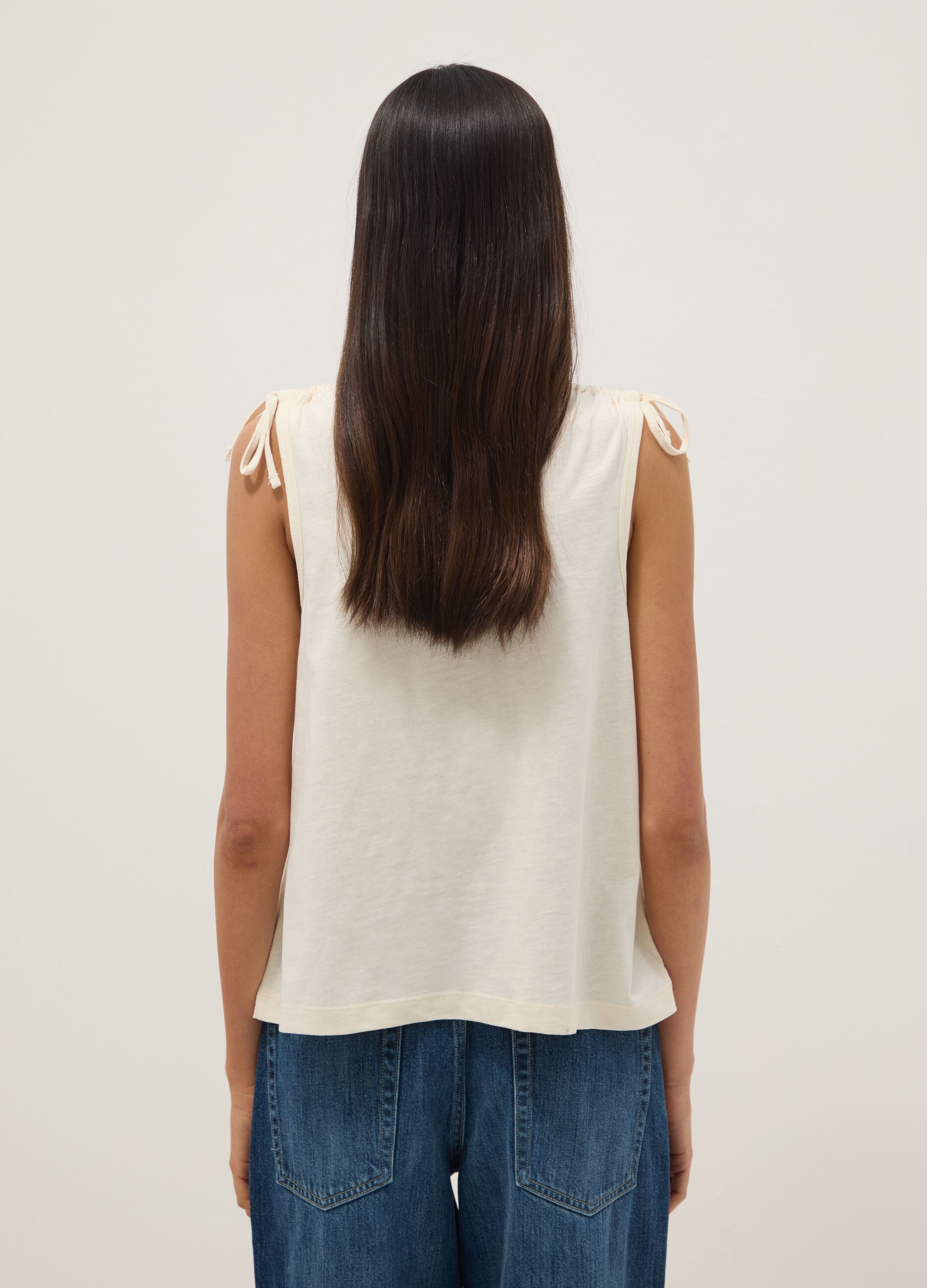 Beige pure cotton top with shoulder ties