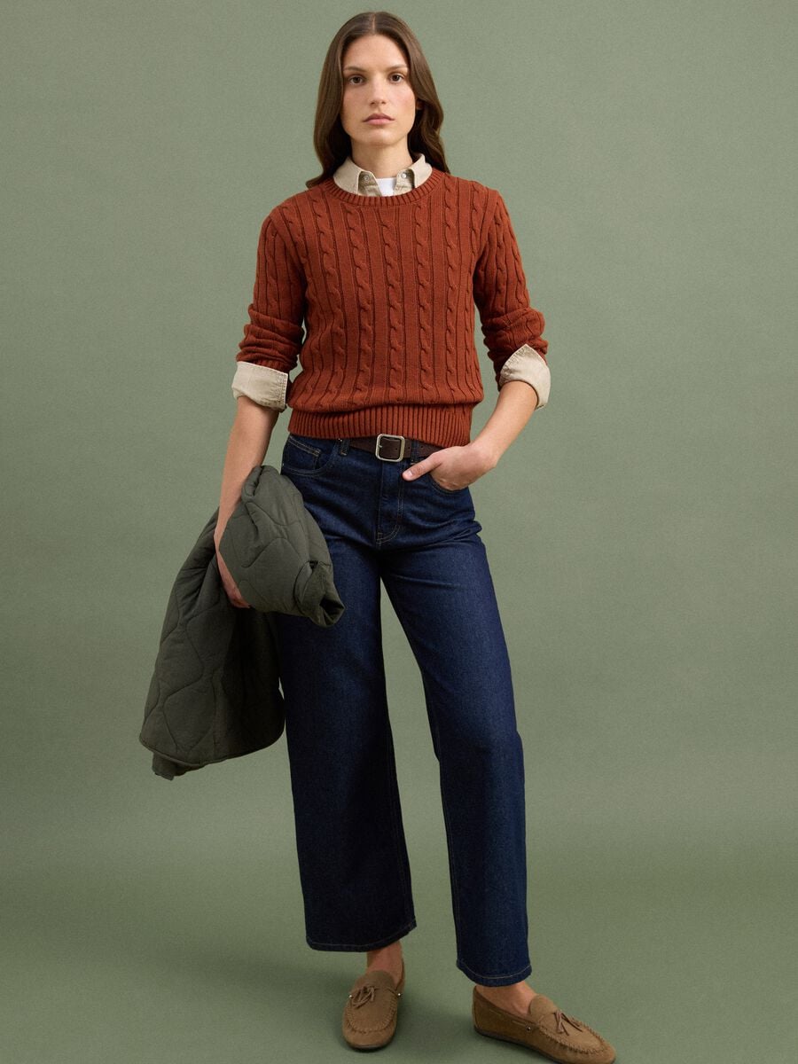 Roter Zopfmuster-Pullover aus reiner Baumwolle mit Rundhalsausschnitt_2