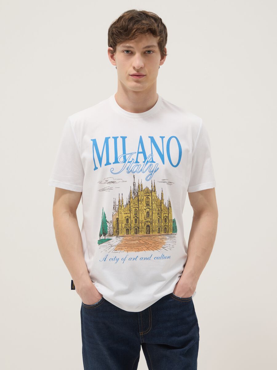 Wei&szlig;es T-Shirt aus reiner Baumwolle mit Print, Regular Fit_0