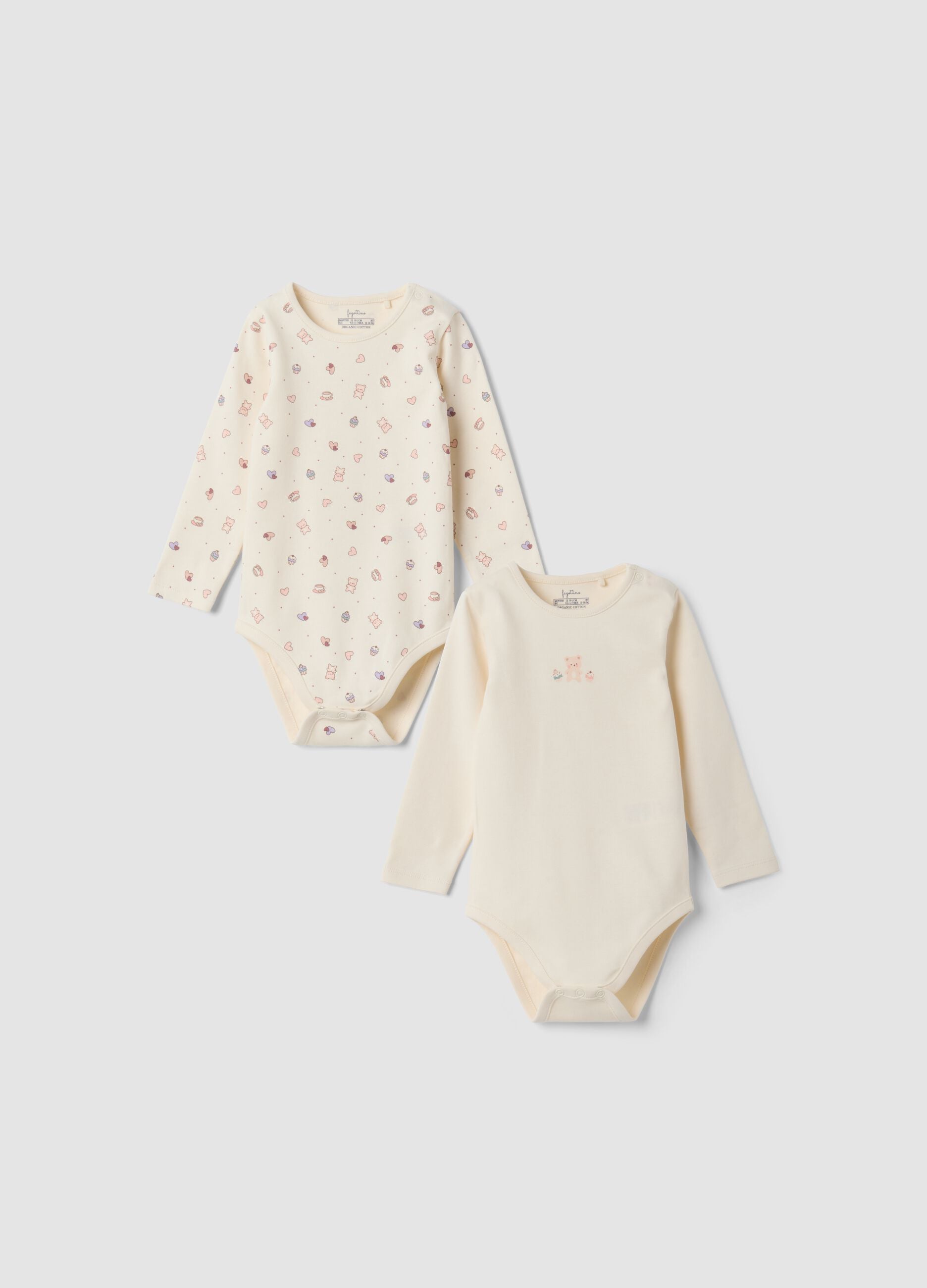2-pack beige organic cotton baby girl bodysuits with teddy bear