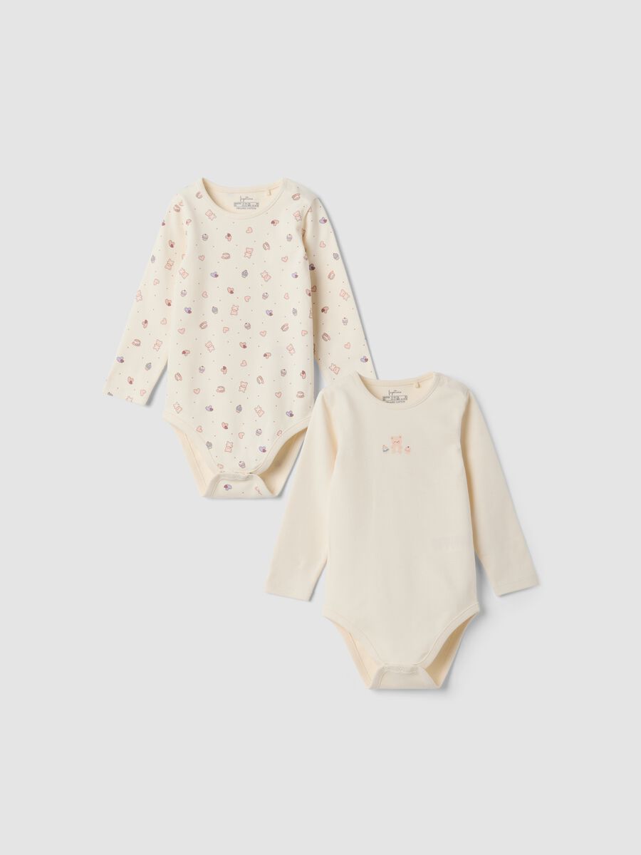 2-pack beige organic cotton baby girl bodysuits with teddy bear_0