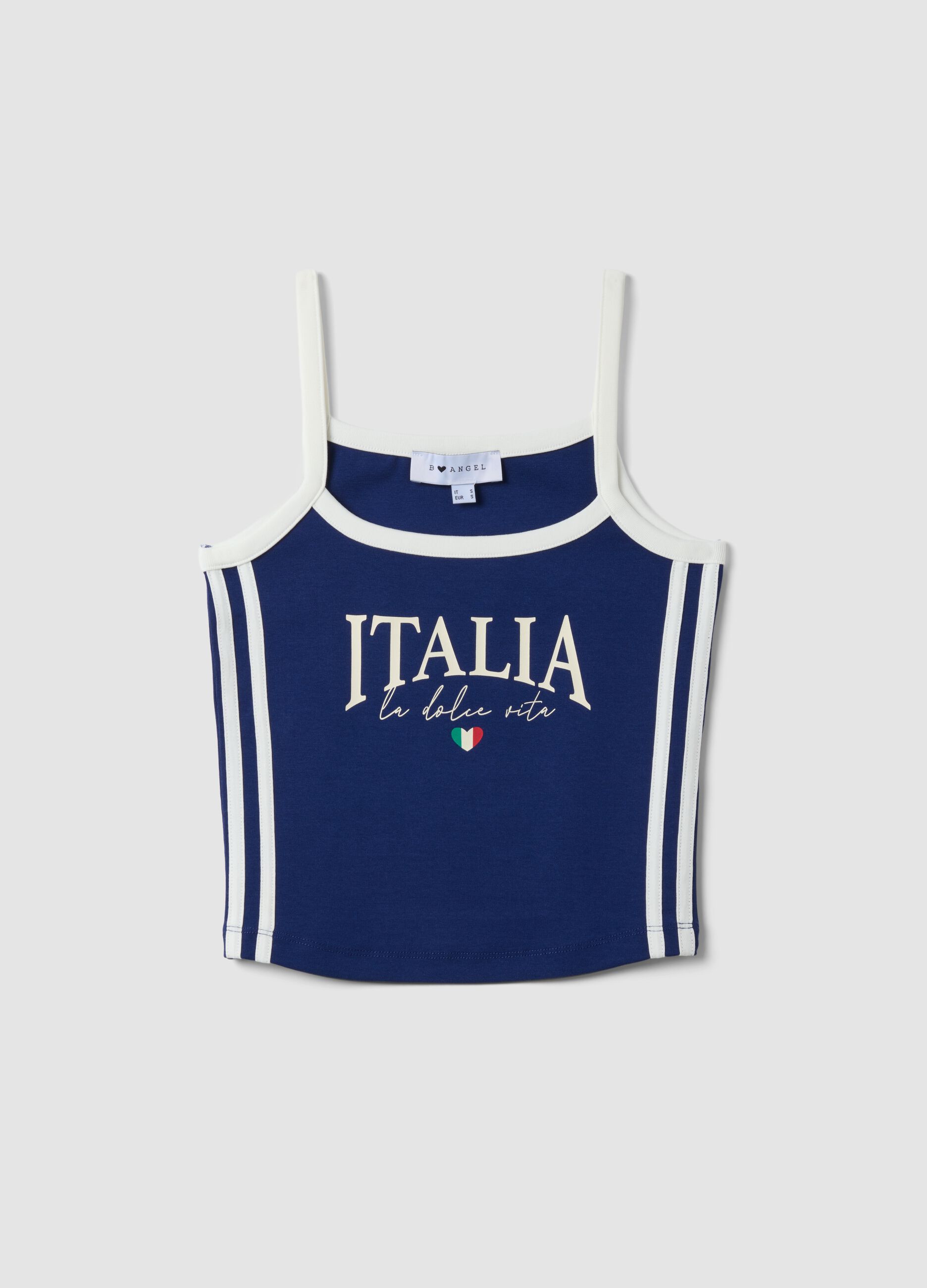 Blue stretch cotton tank top with thin straps