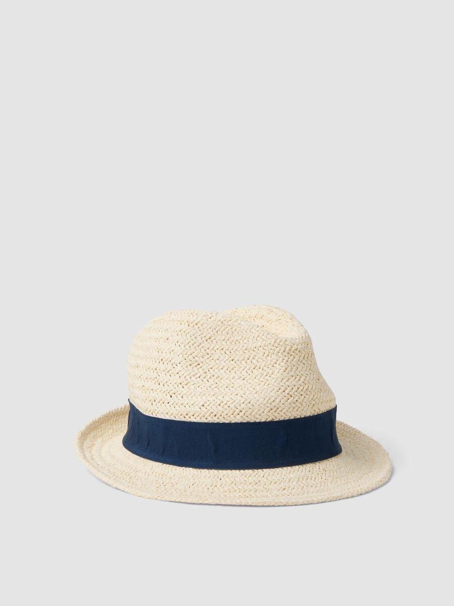 Beiger Hut aus Papierfaser-Mix mit blauem Band_0