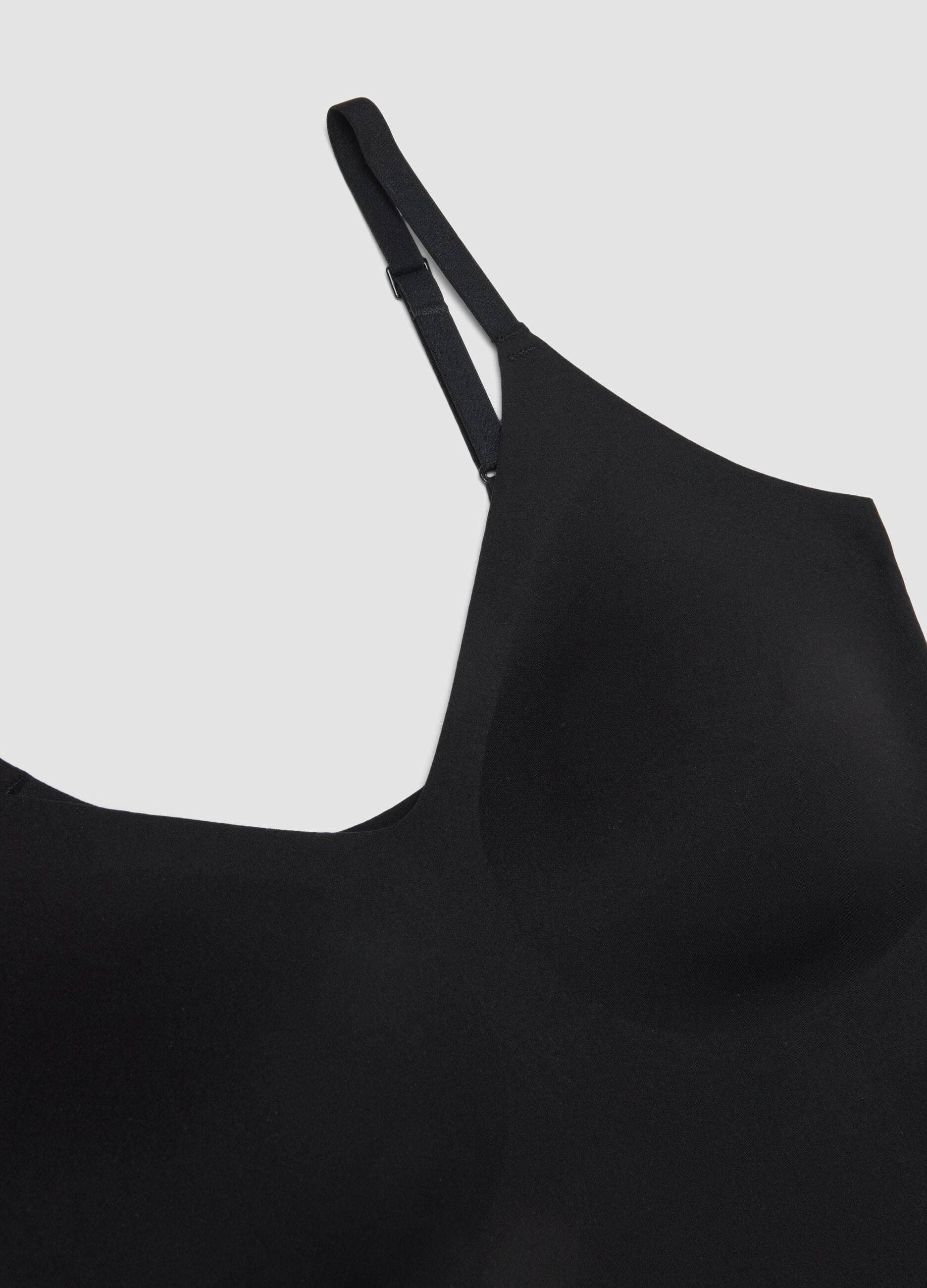 Black stretch-fabric vest top with plunging neckline