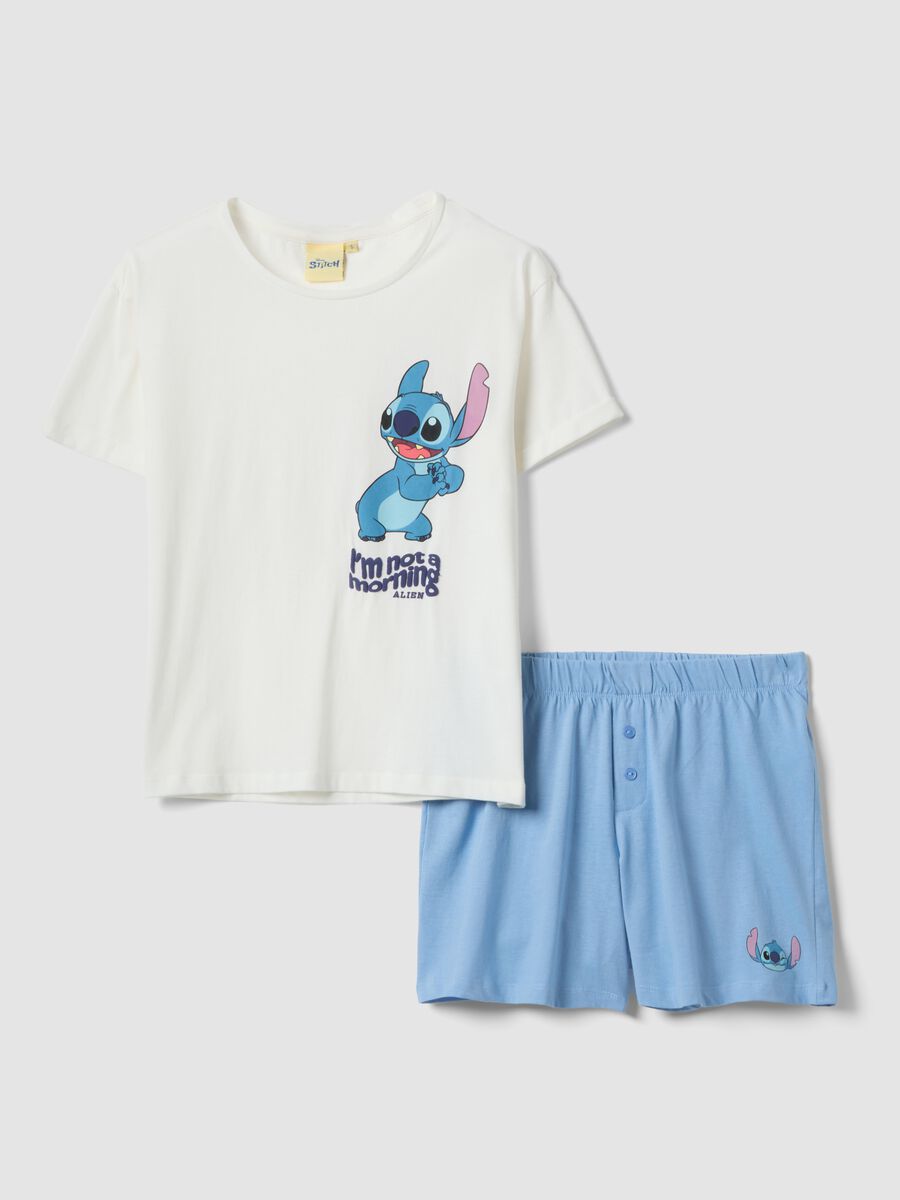 Pyjama court blanc et bleu clair en pur coton avec imprim&eacute; Stitch_1
