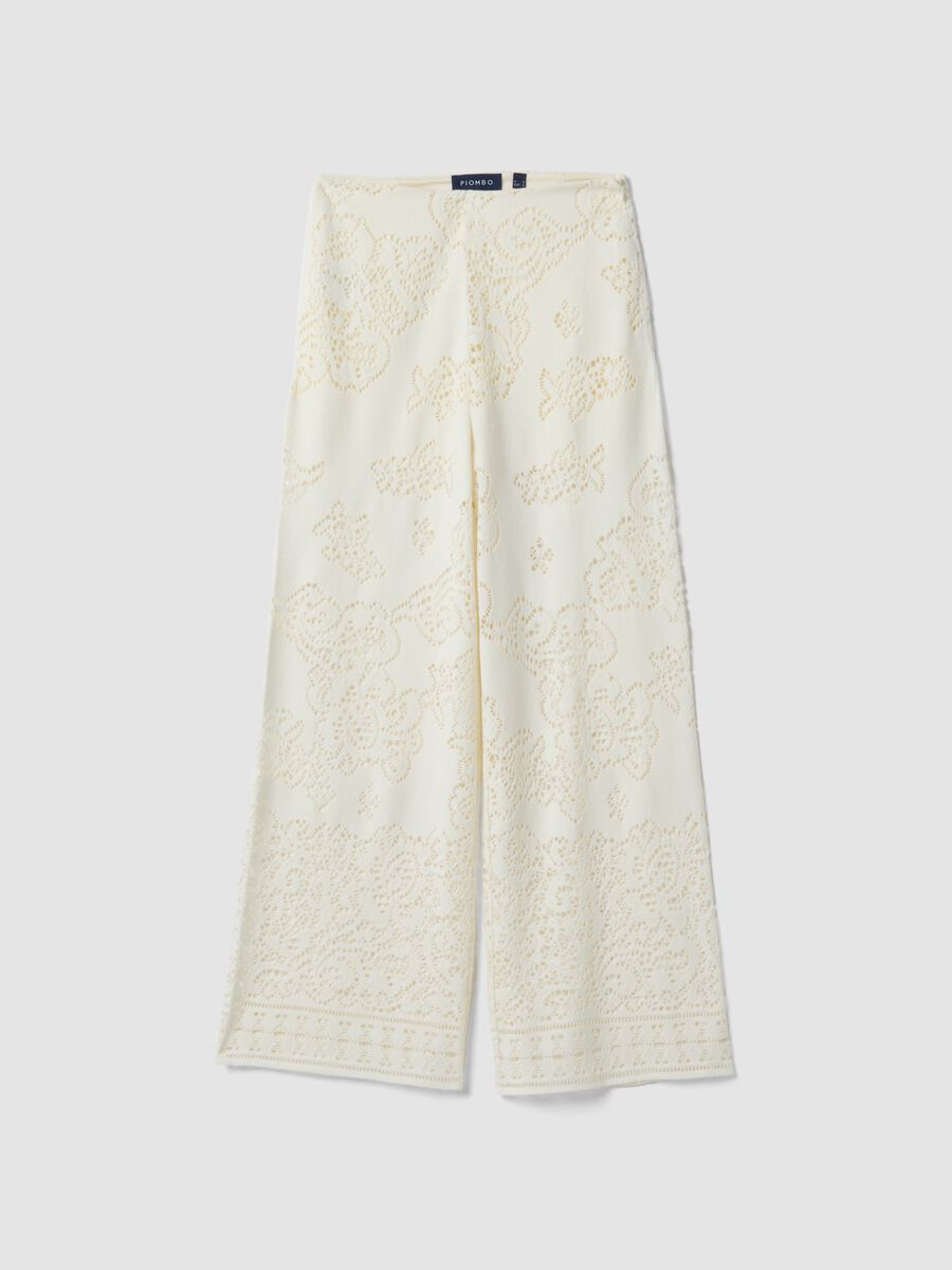 White wide leg cotton blend trousers with perforated texture_5