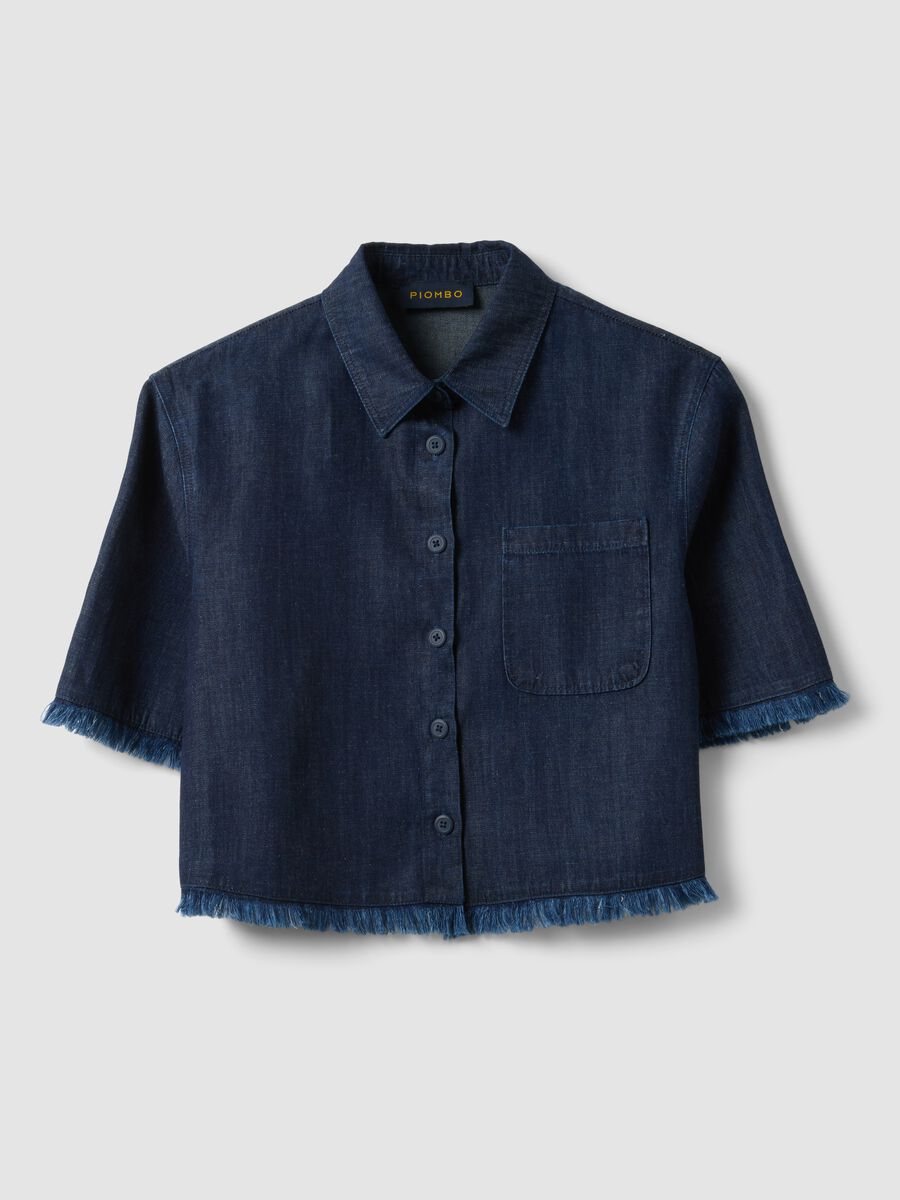 Blue denim shirt in cotton blend, oversized fit with frayed hem_4